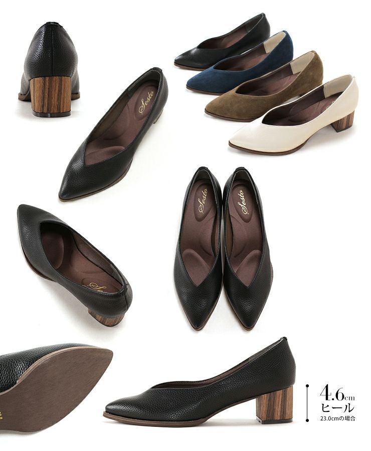 革ピース×ウッドヒールのポインテッドトゥパンプス▲返品交換不可