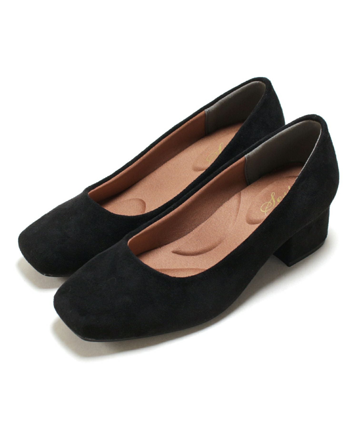 スクエアトゥミドルヒールパンプス