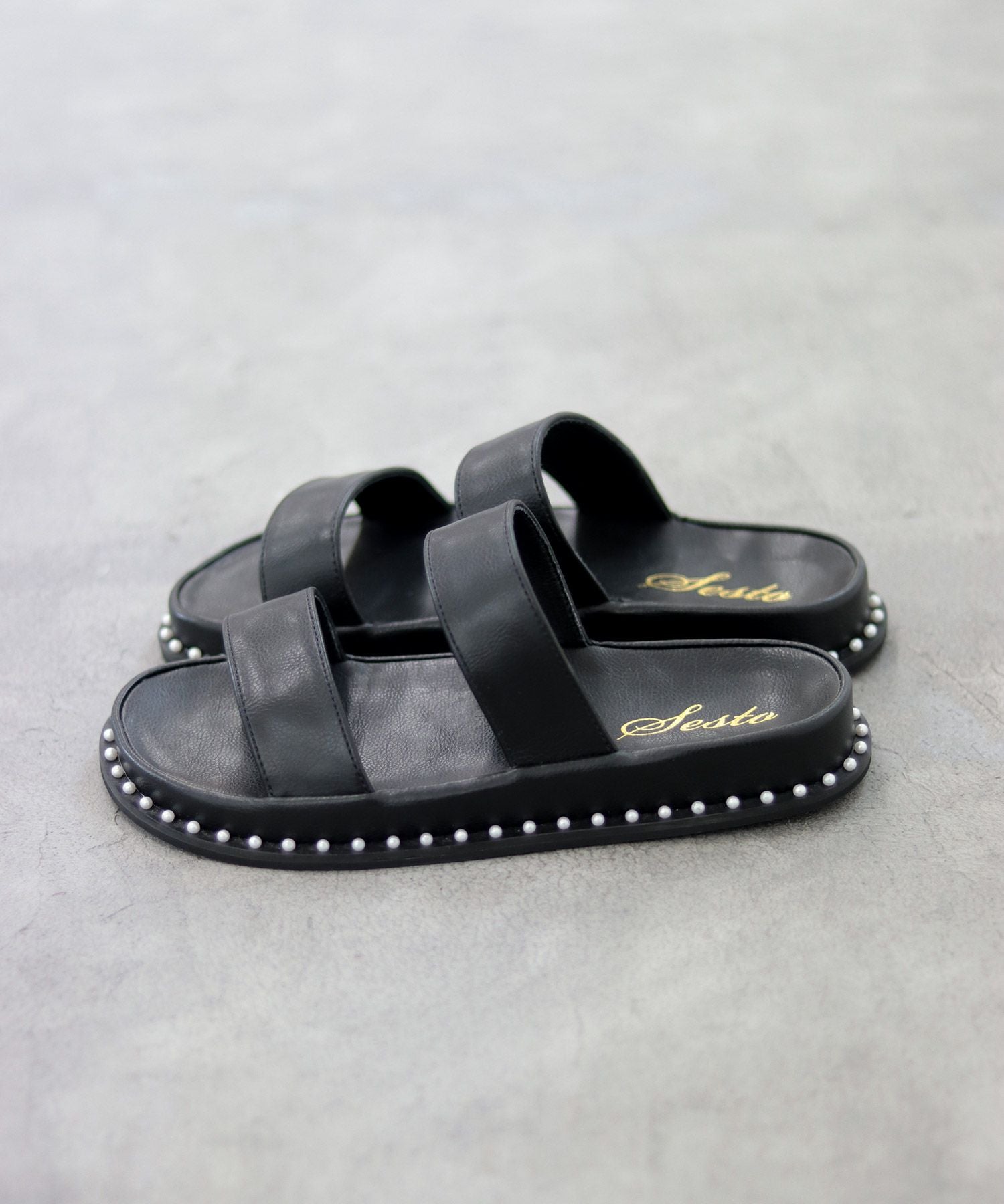 パールピースのダブルストラップフットベッドサンダル▲返品不可