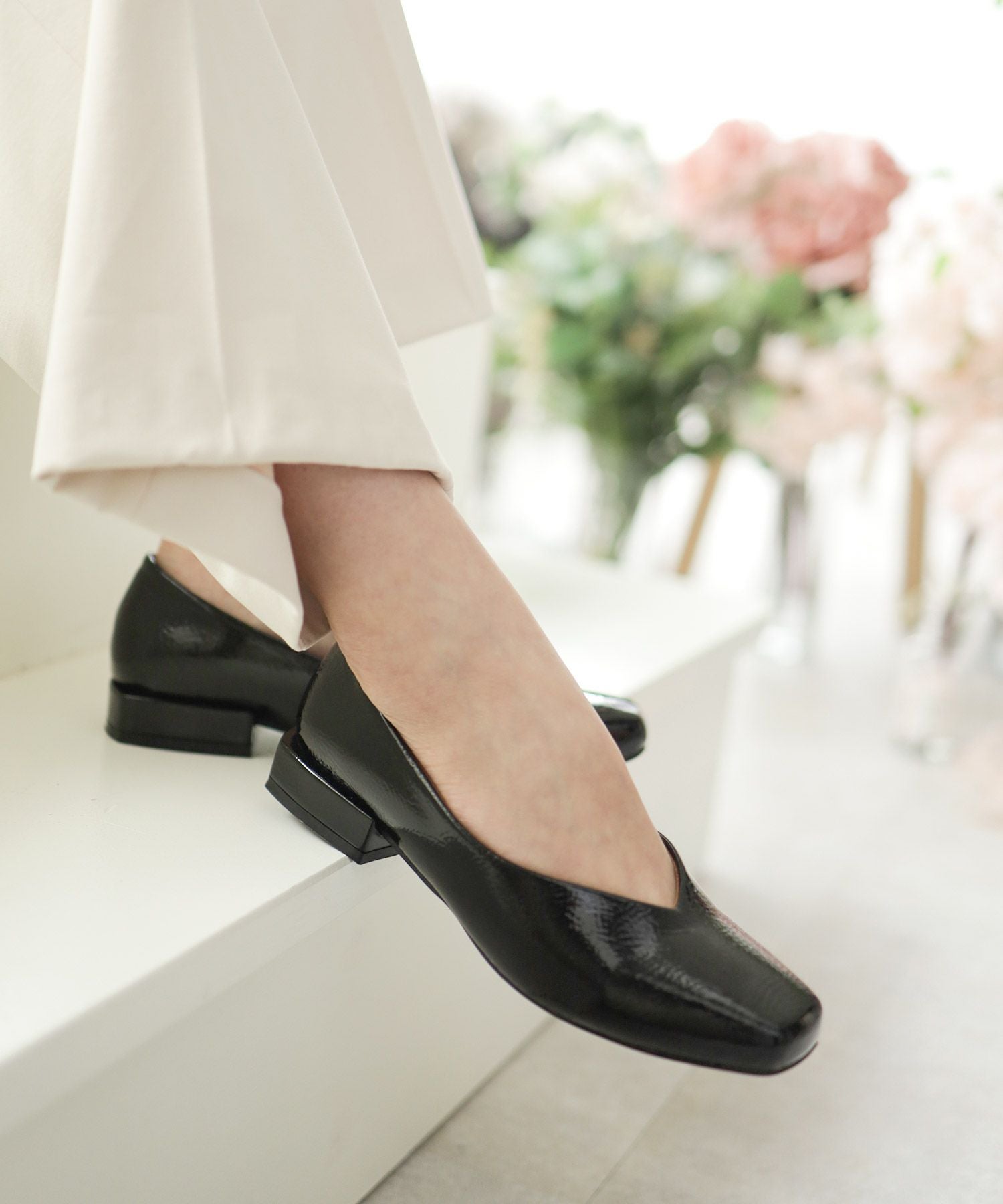 スクエアトゥローヒールエナメルパンプス▲返品交換不可