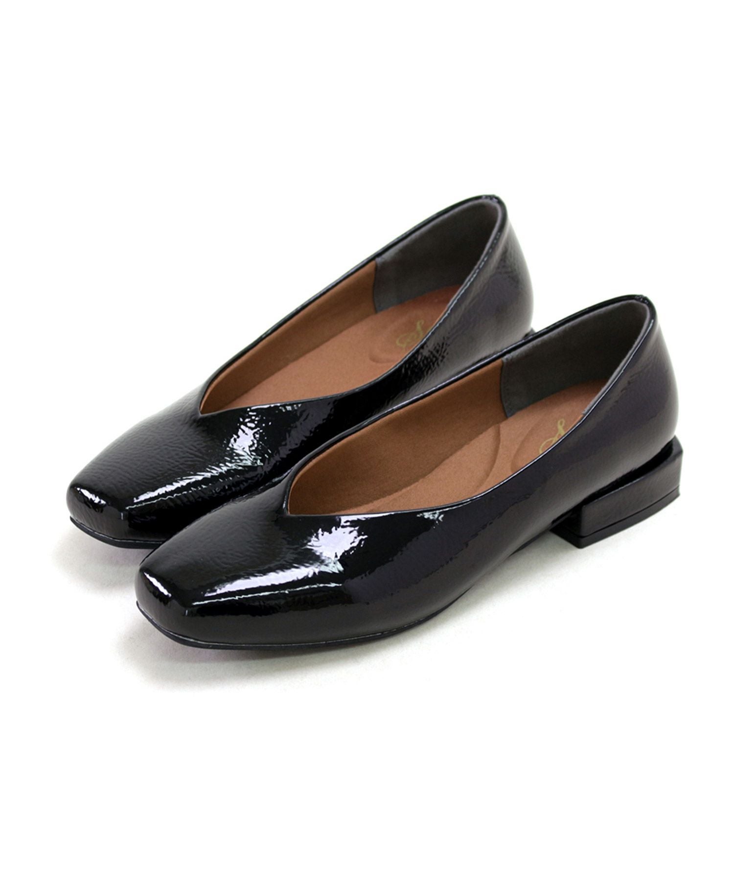 スクエアトゥローヒールエナメルパンプス▲返品交換不可