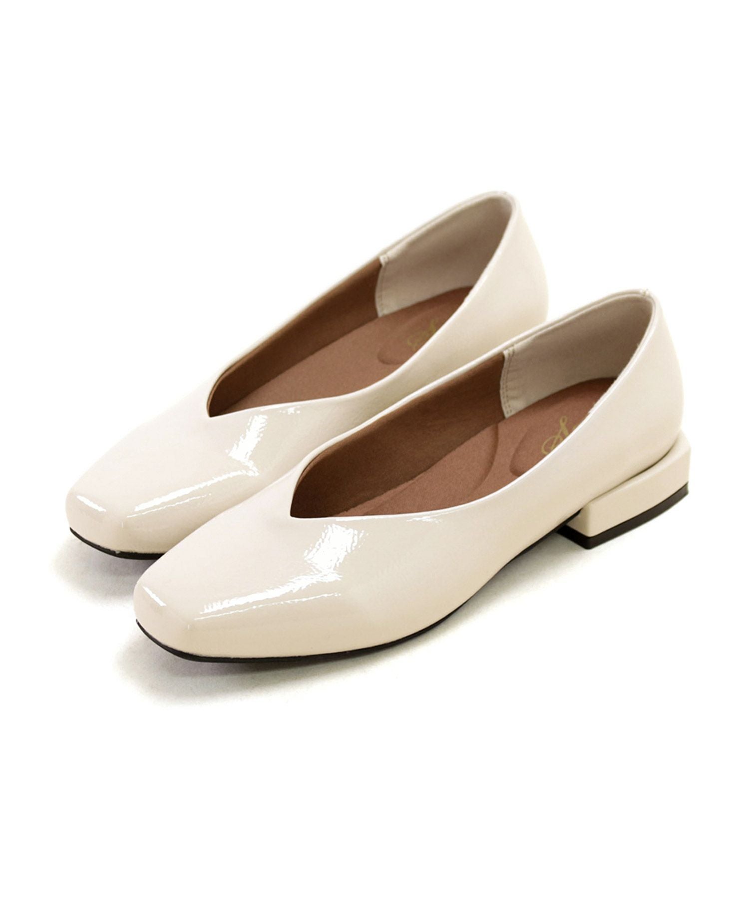 スクエアトゥローヒールエナメルパンプス▲返品交換不可