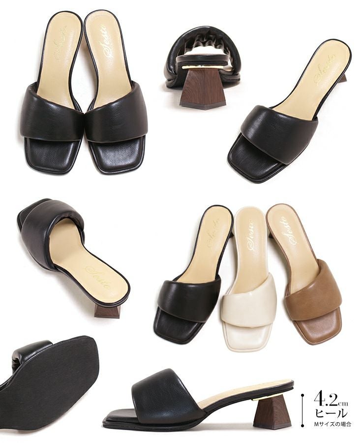 アシンメトリーウッドヒールのパデットミュールサンダル