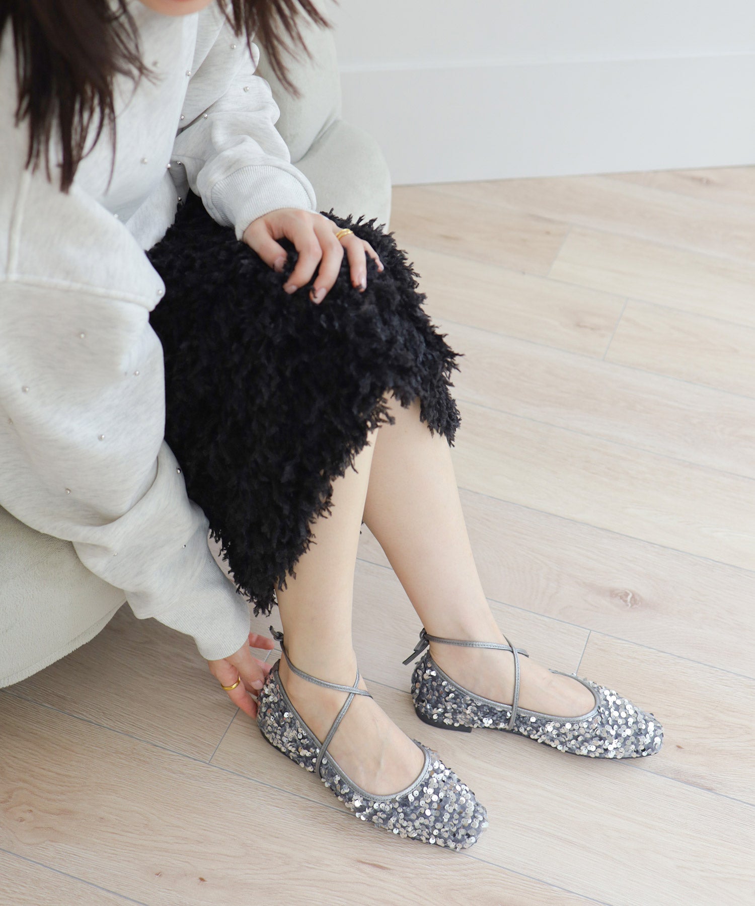 スクエアトゥレースアップバレエシューズ