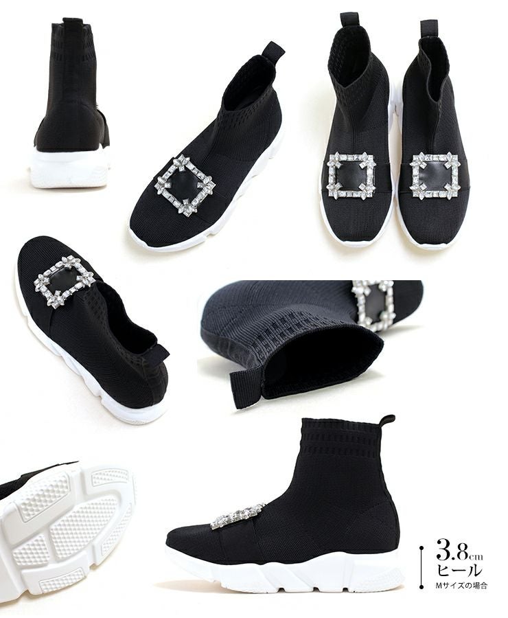 ビジュー付きスニーカー風ソックスブーツ▲返品交換不可