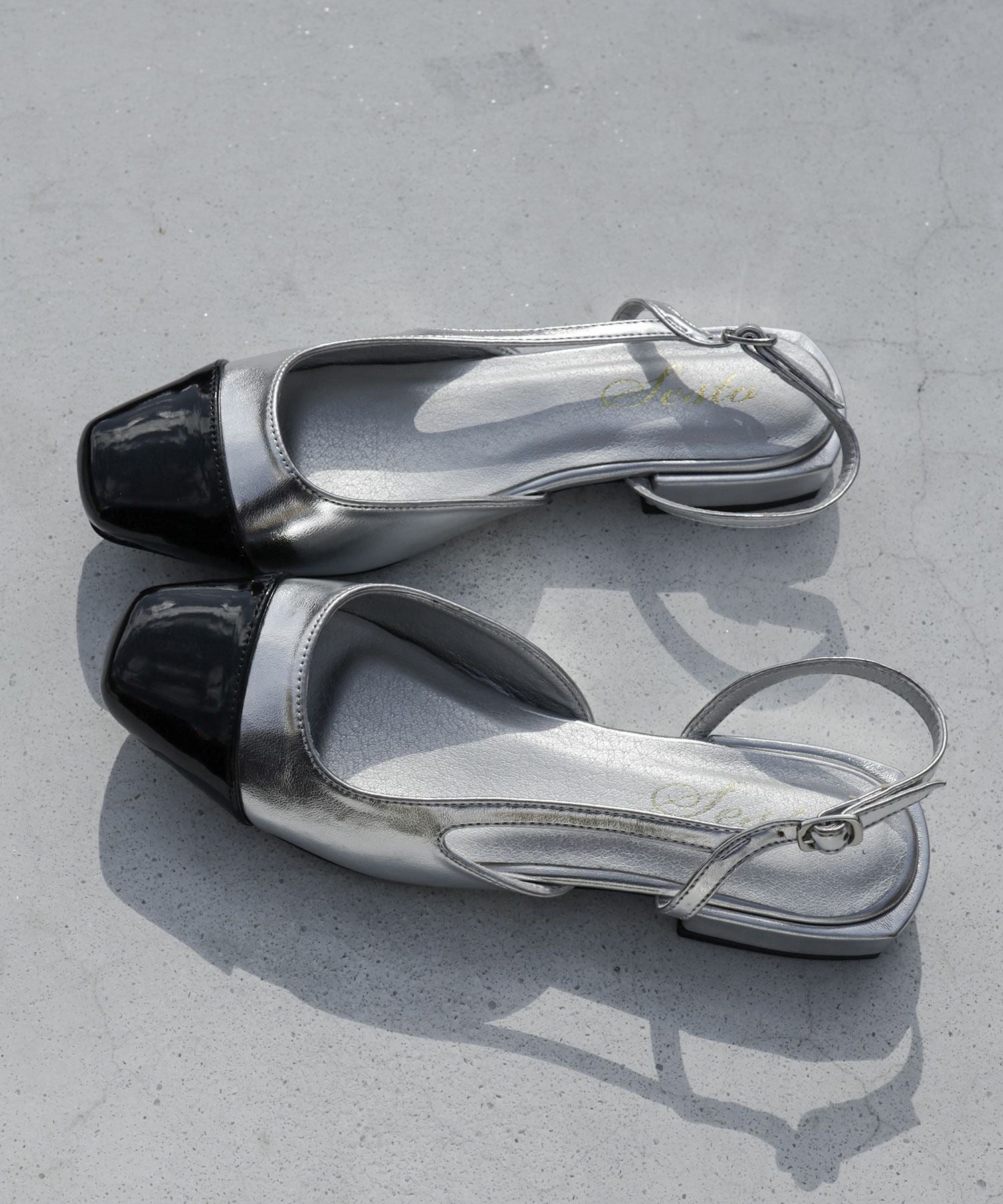 バイカラースクエアトゥローヒールスリングバックパンプス▲返品交換不可