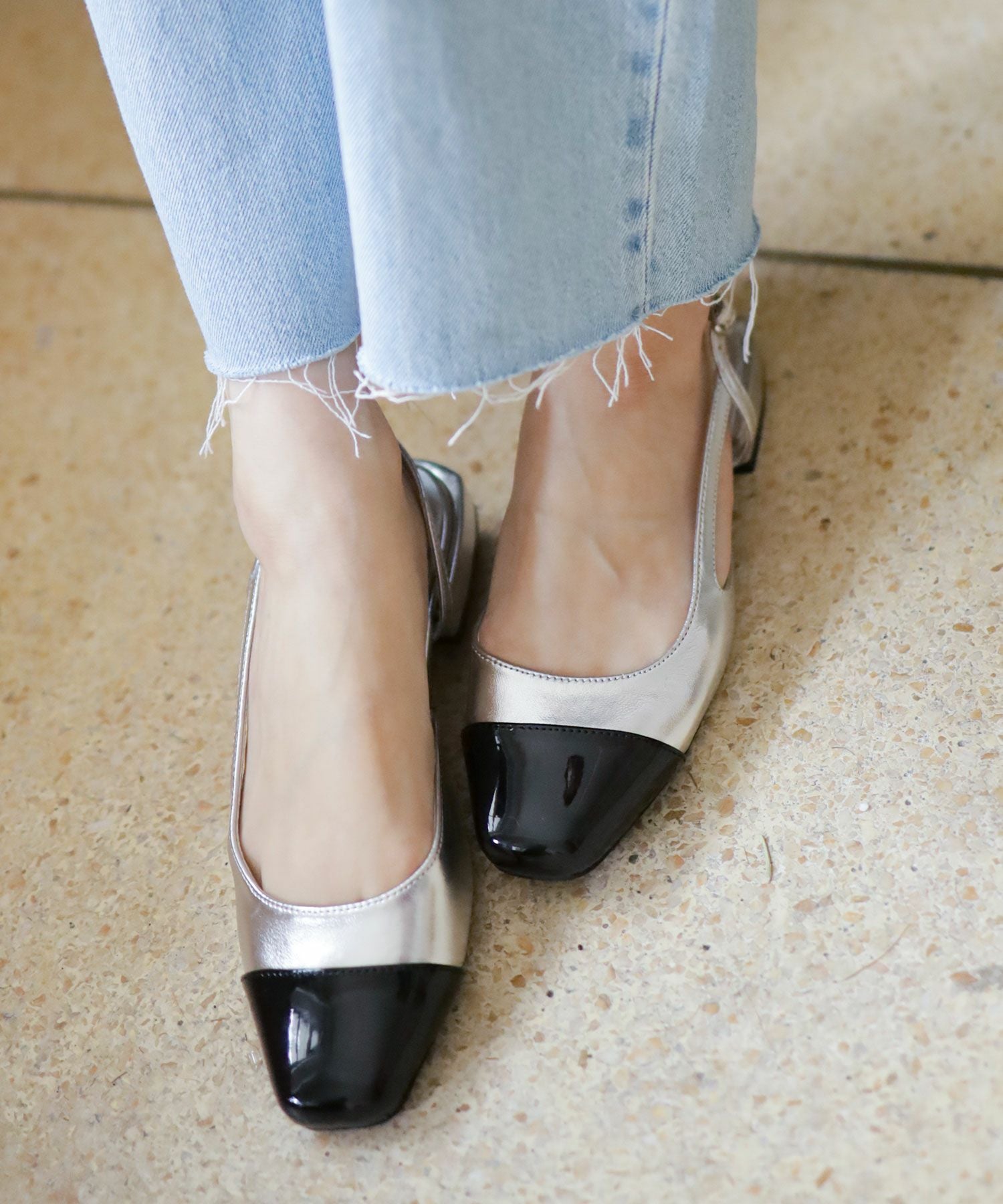 バイカラースクエアトゥローヒールスリングバックパンプス▲返品交換不可