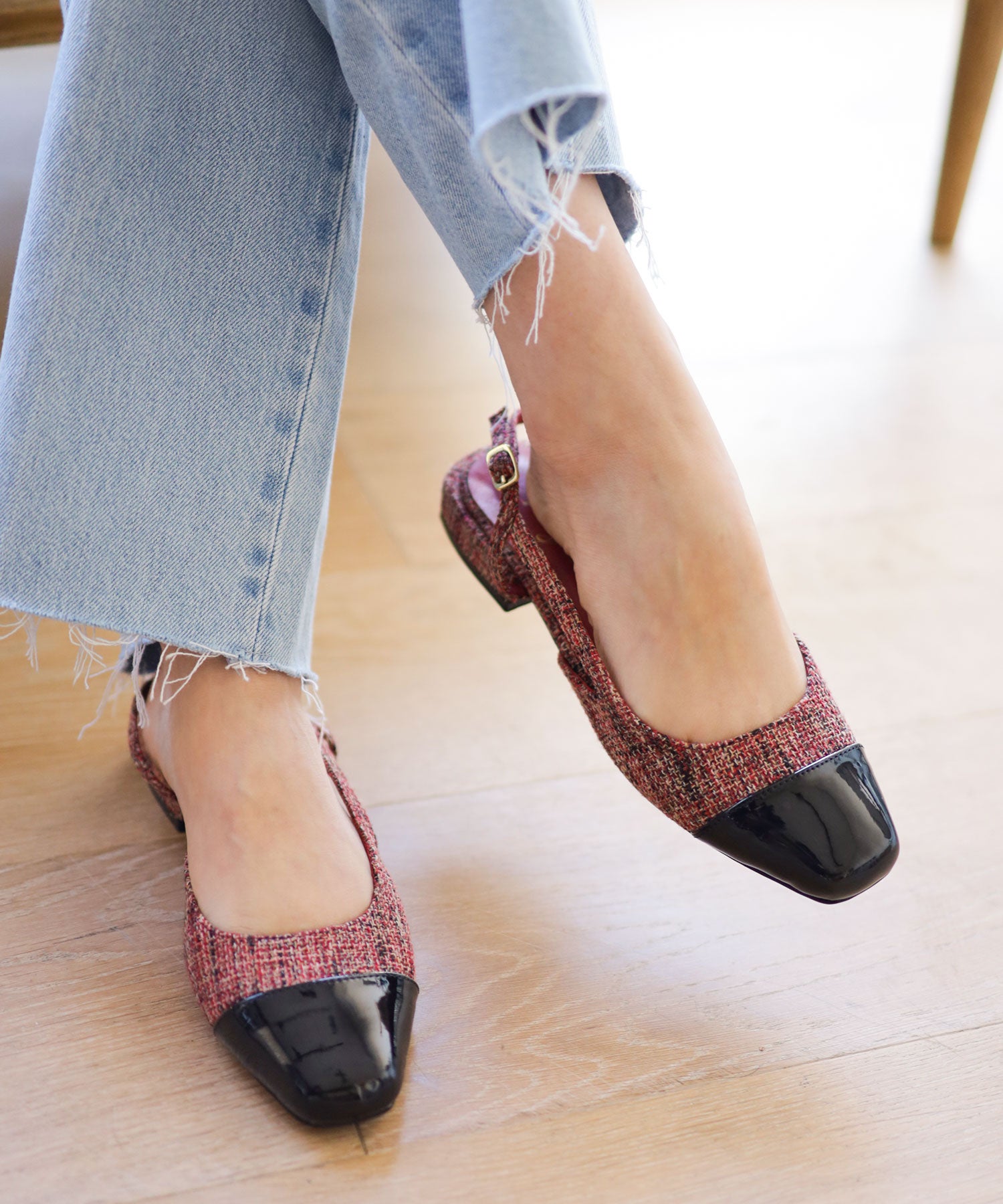 バイカラースクエアトゥローヒールスリングバックパンプス▲返品交換不可