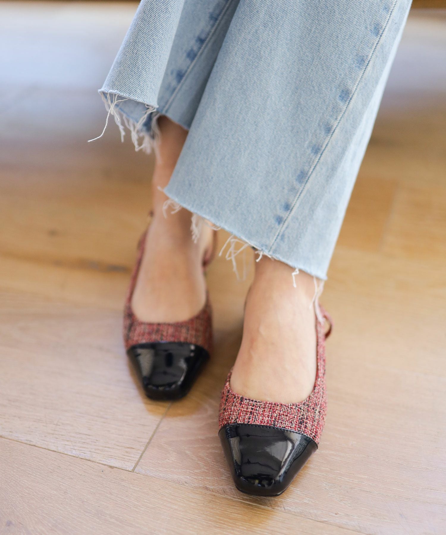 バイカラースクエアトゥローヒールスリングバックパンプス▲返品交換不可