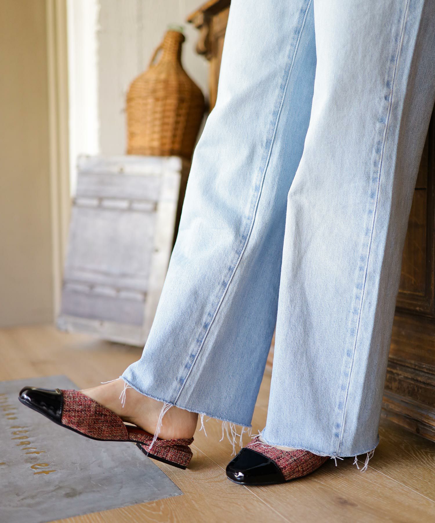 バイカラースクエアトゥローヒールスリングバックパンプス▲返品交換不可