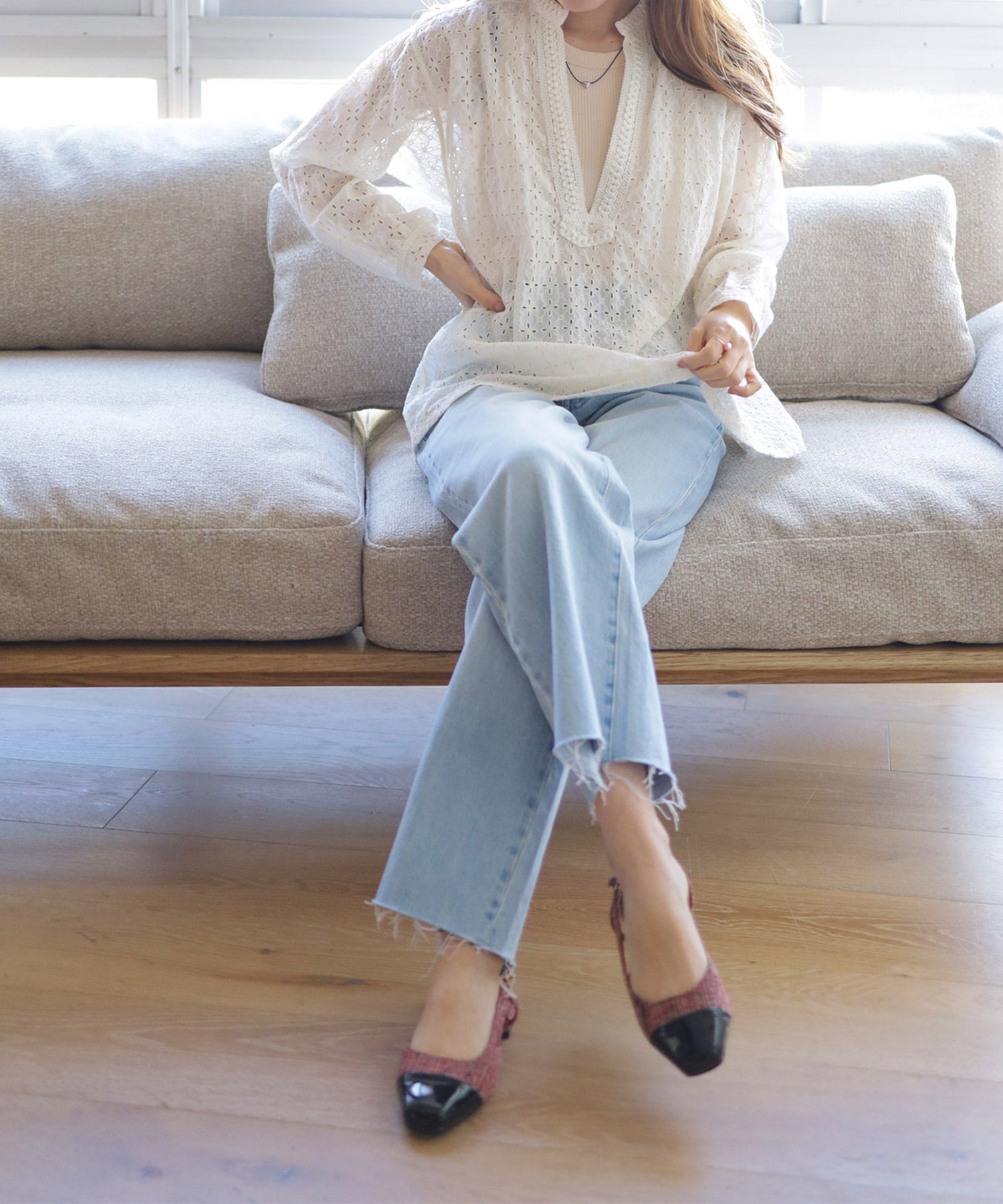 バイカラースクエアトゥローヒールスリングバックパンプス▲返品交換不可