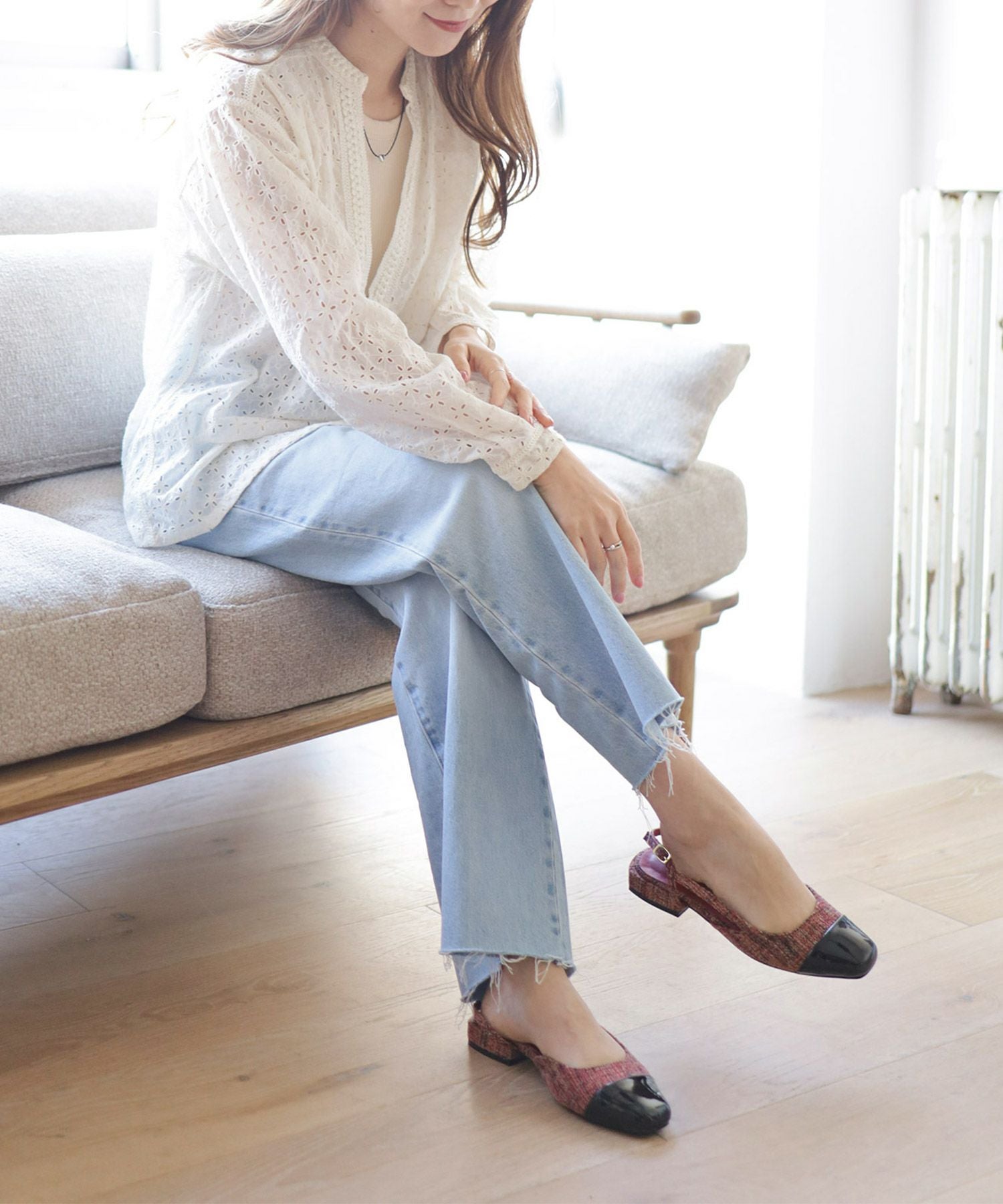 バイカラースクエアトゥローヒールスリングバックパンプス▲返品交換不可