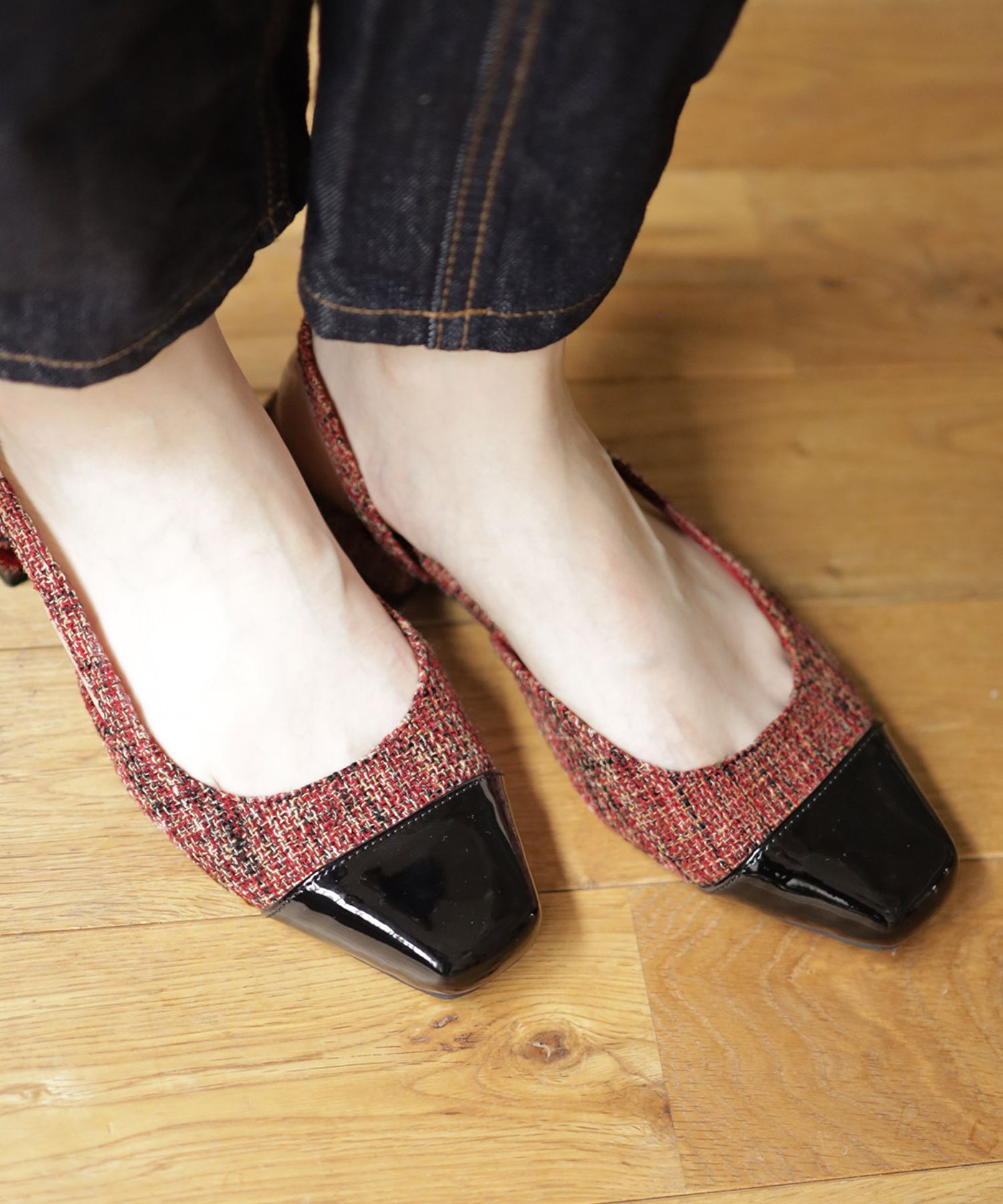 バイカラースクエアトゥローヒールスリングバックパンプス▲返品交換不可