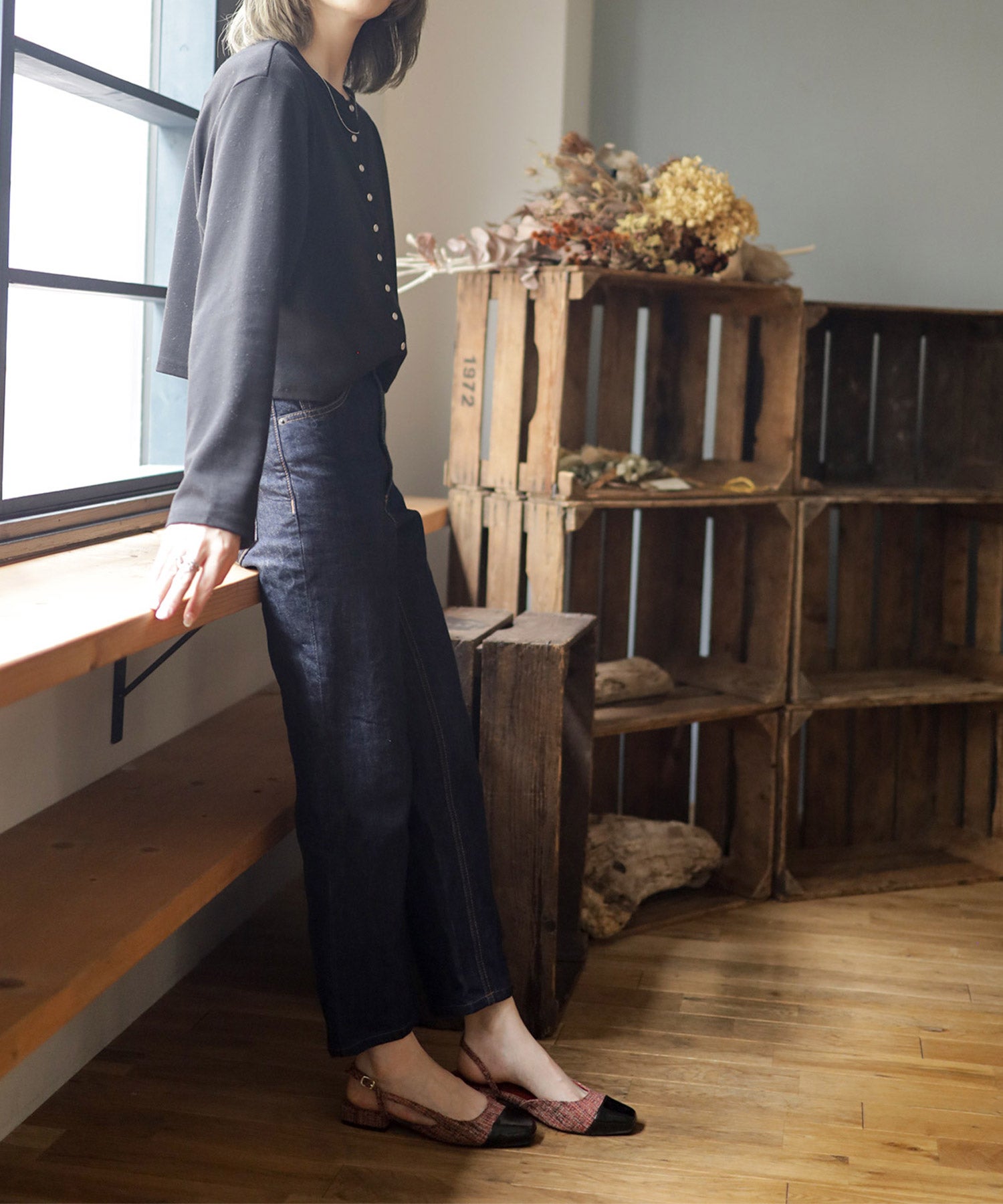 バイカラースクエアトゥローヒールスリングバックパンプス▲返品交換不可