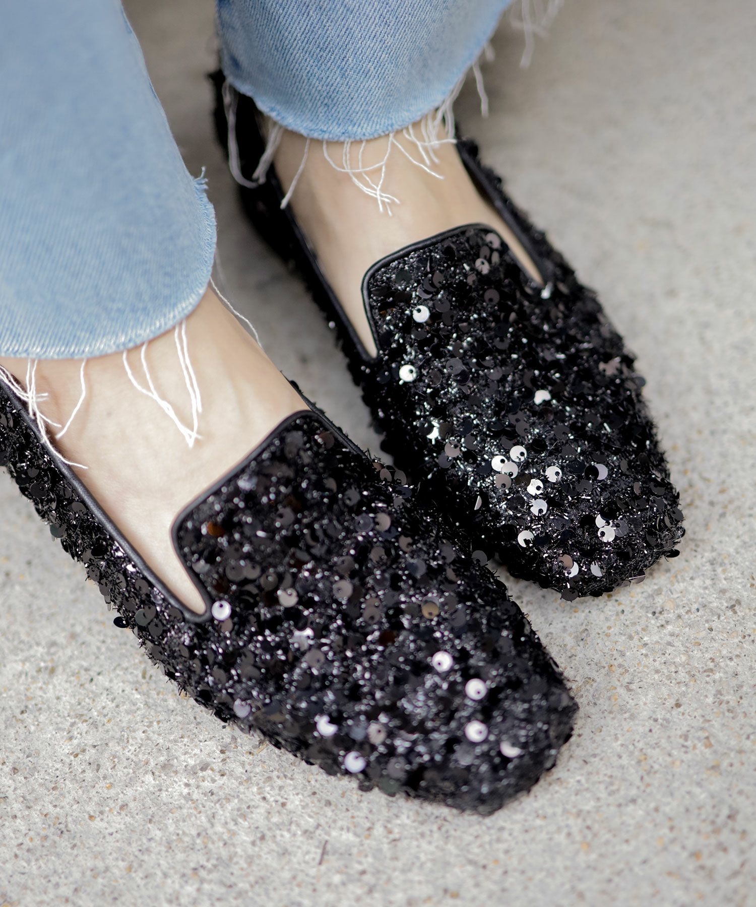 きらめくローヒールローファーパンプス▲返品不可