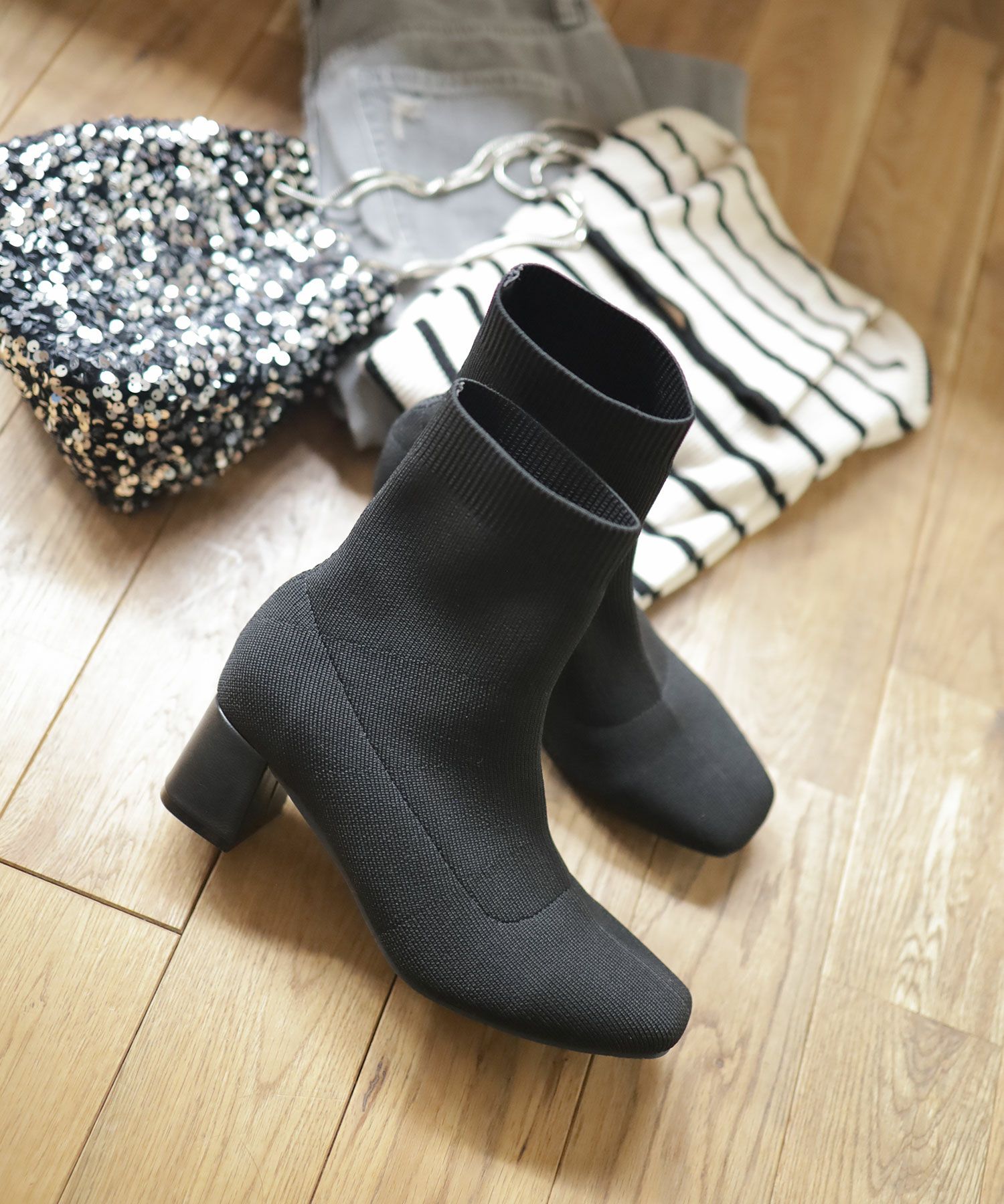 チャンキーヒールニットショートブーツ▲返品不可