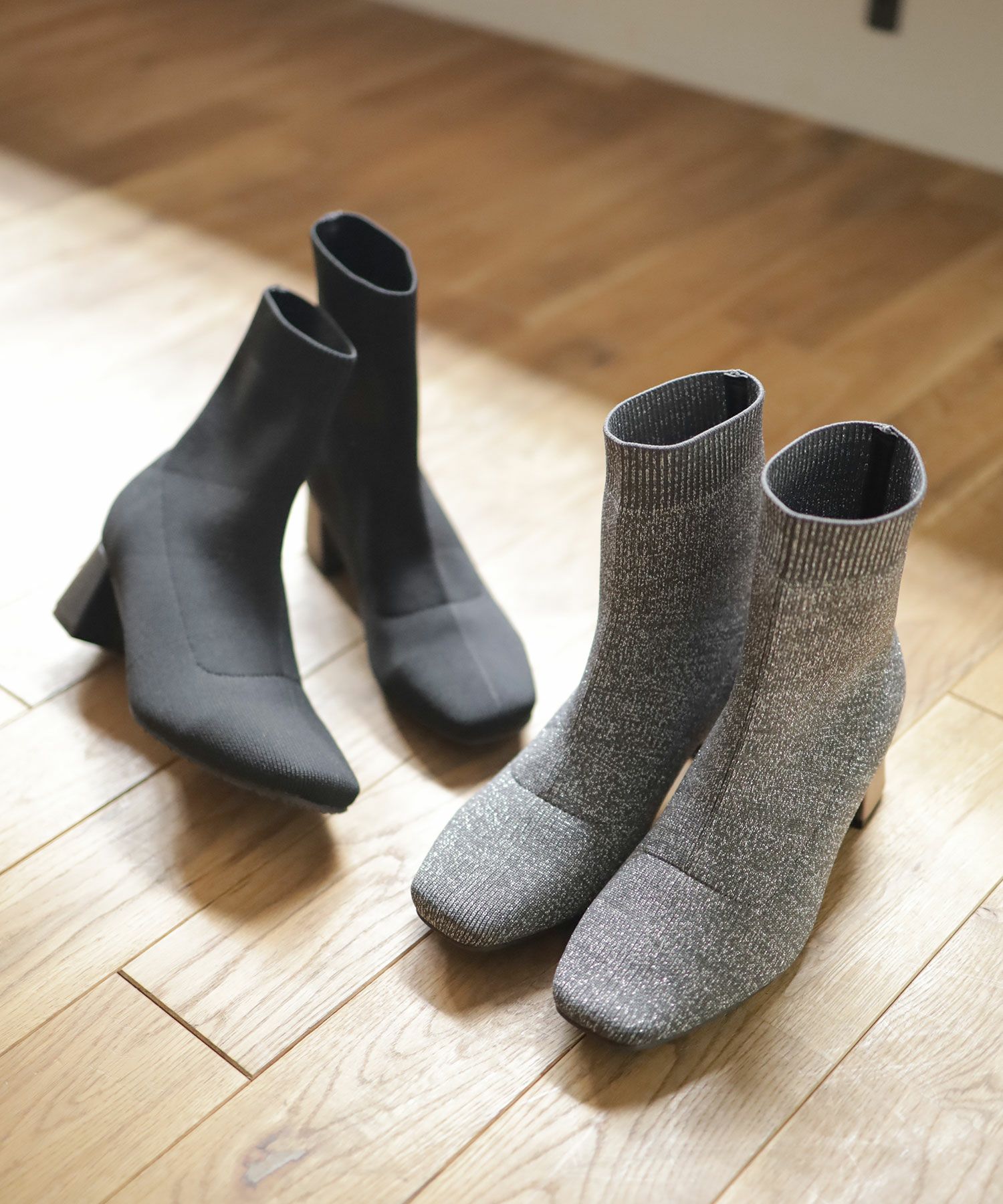 チャンキーヒールニットショートブーツ▲返品不可