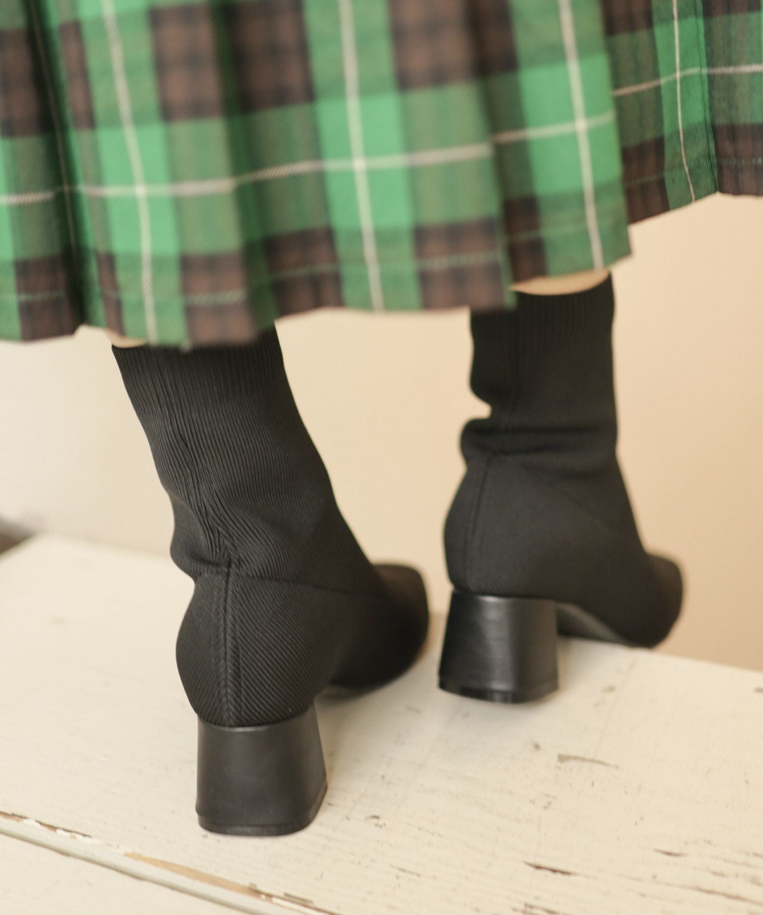 チャンキーヒールニットショートブーツ▲返品不可