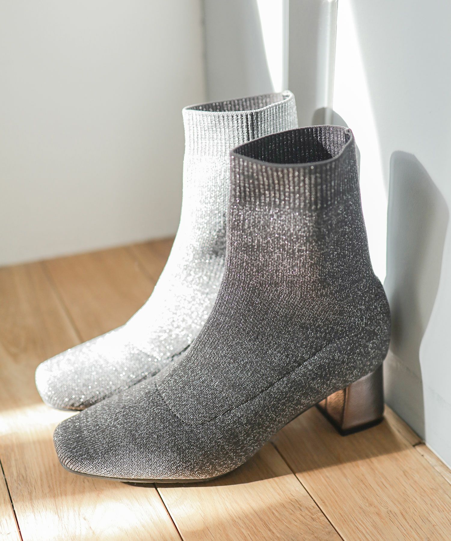 チャンキーヒールニットショートブーツ▲返品不可