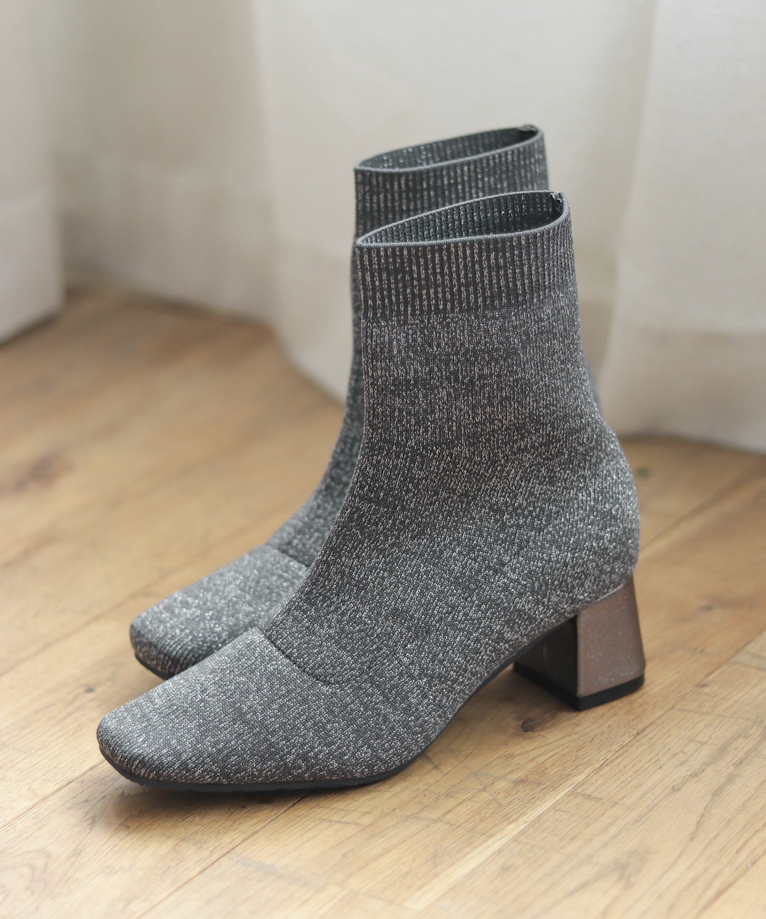 チャンキーヒールニットショートブーツ▲返品不可