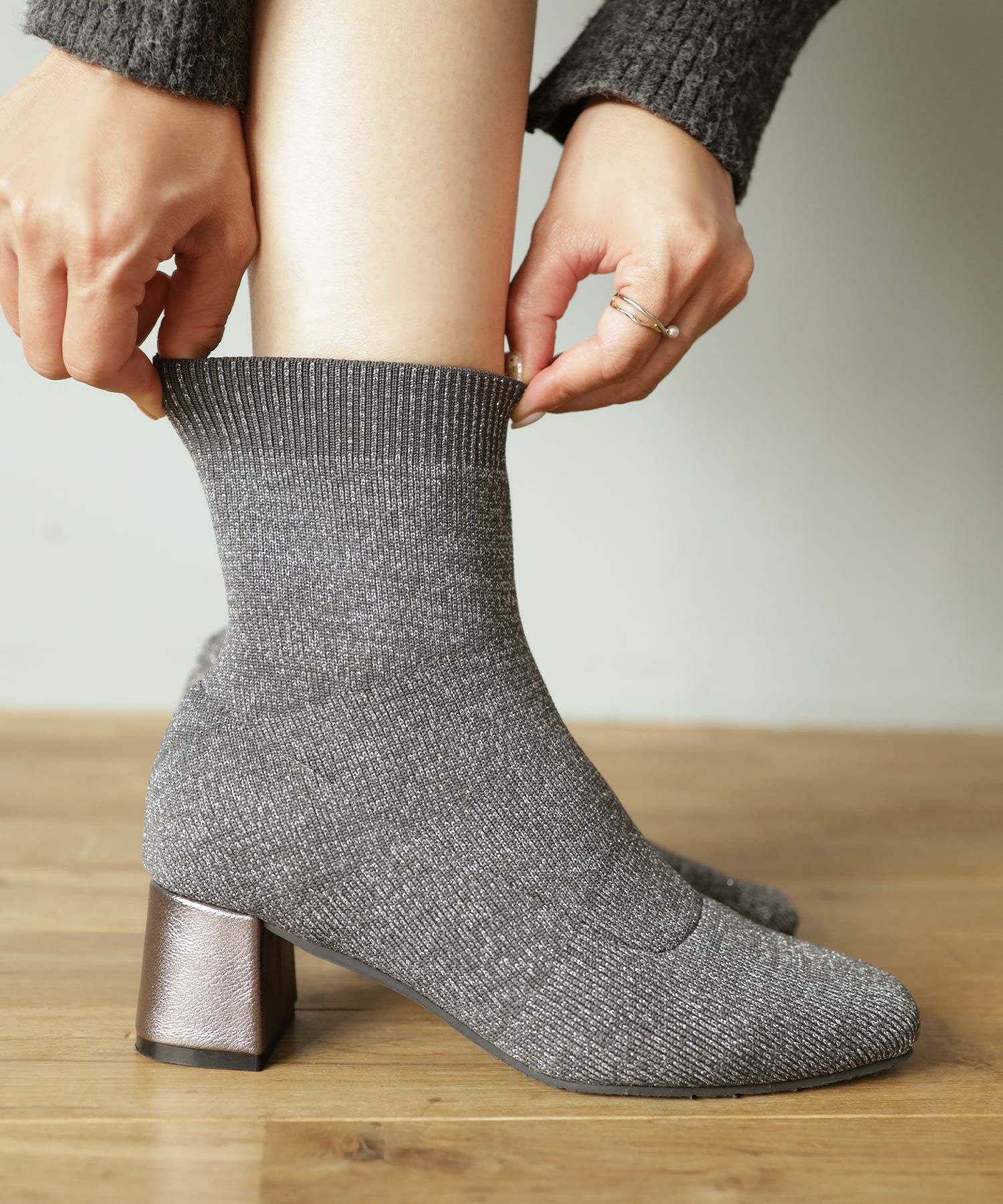 チャンキーヒールニットショートブーツ▲返品不可