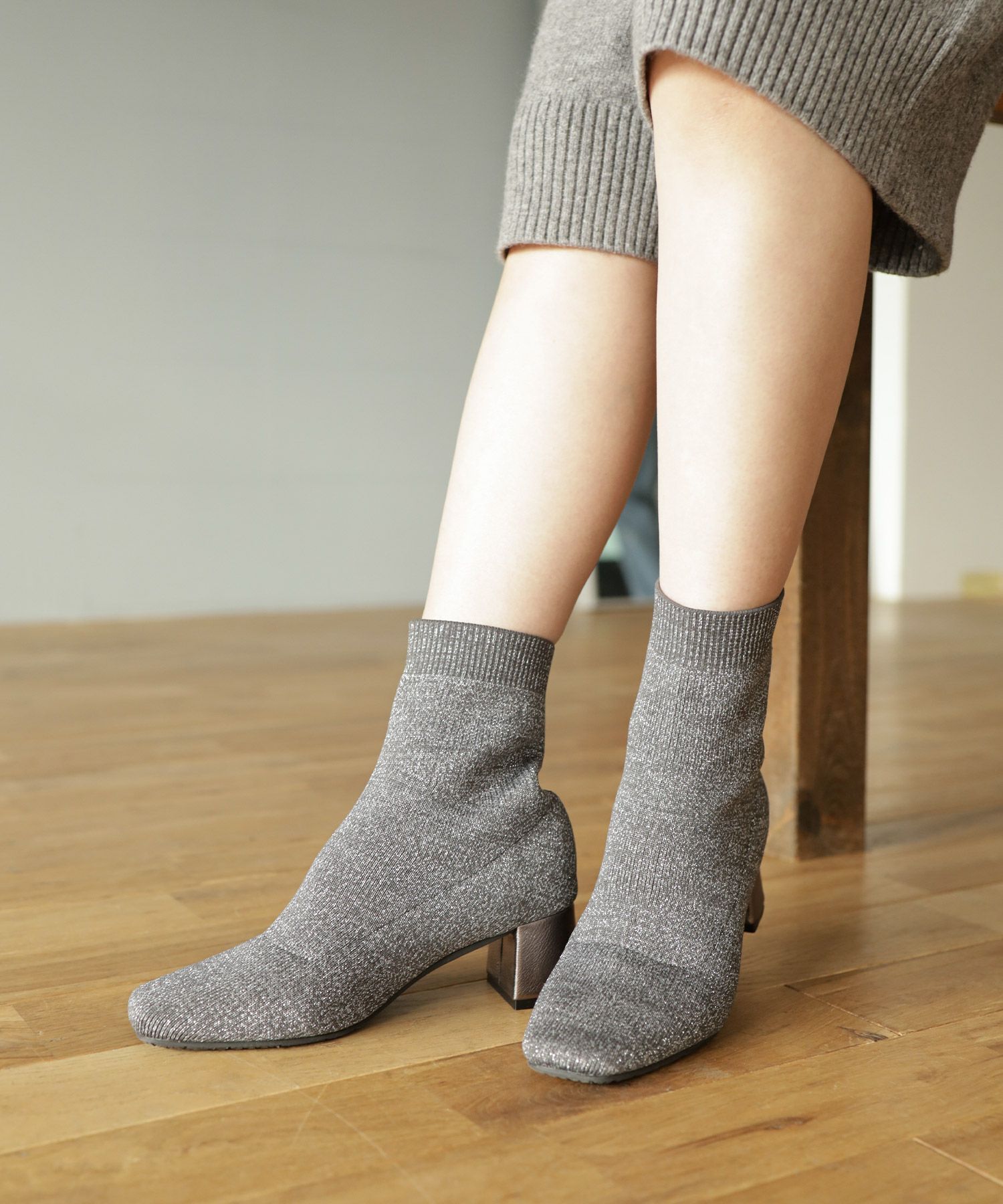 チャンキーヒールニットショートブーツ▲返品不可