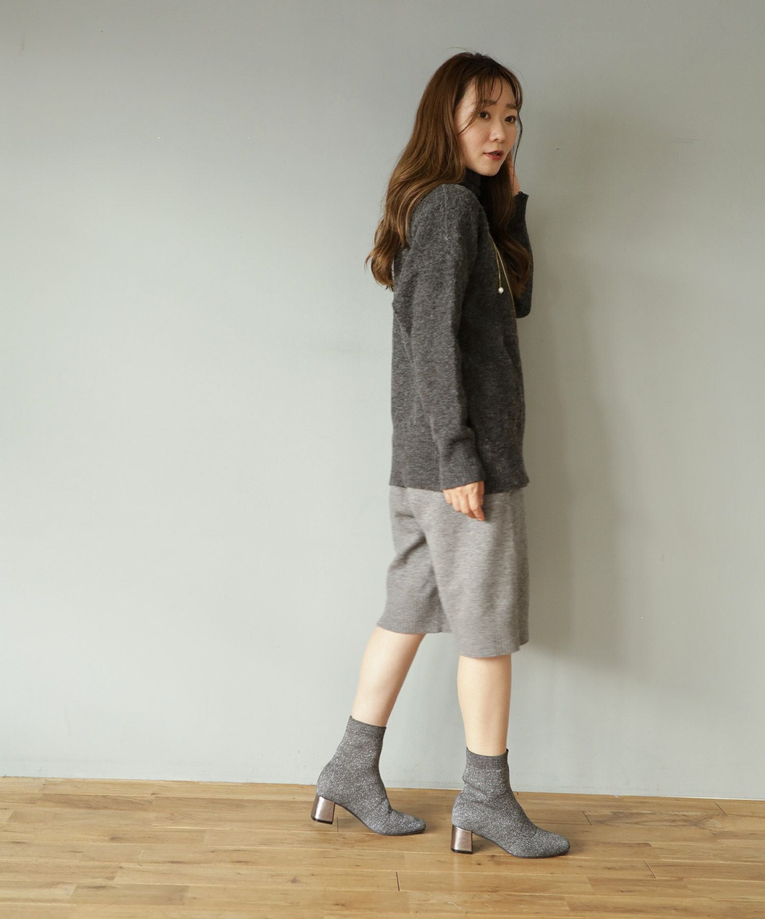 チャンキーヒールニットショートブーツ▲返品不可