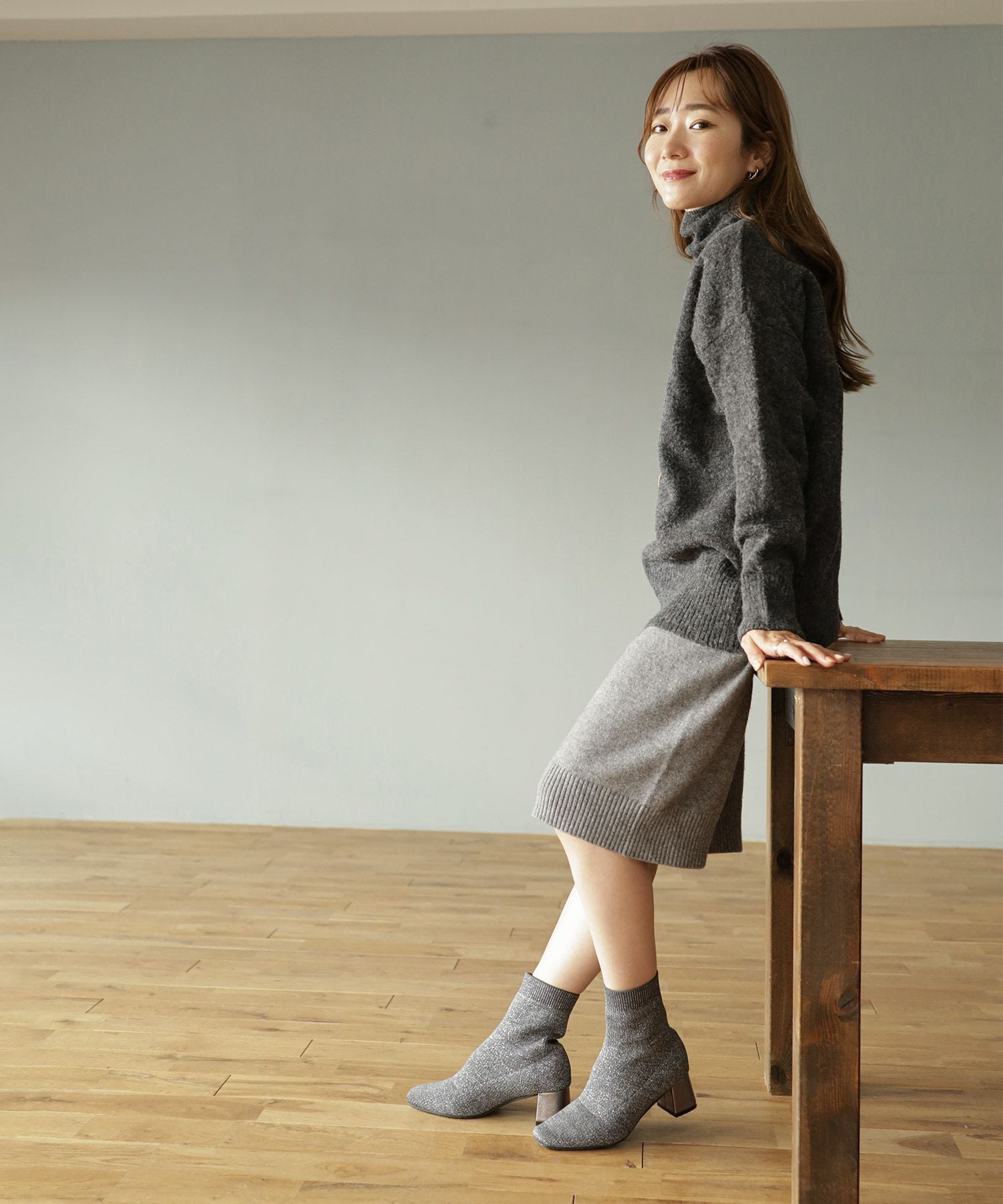 チャンキーヒールニットショートブーツ▲返品不可