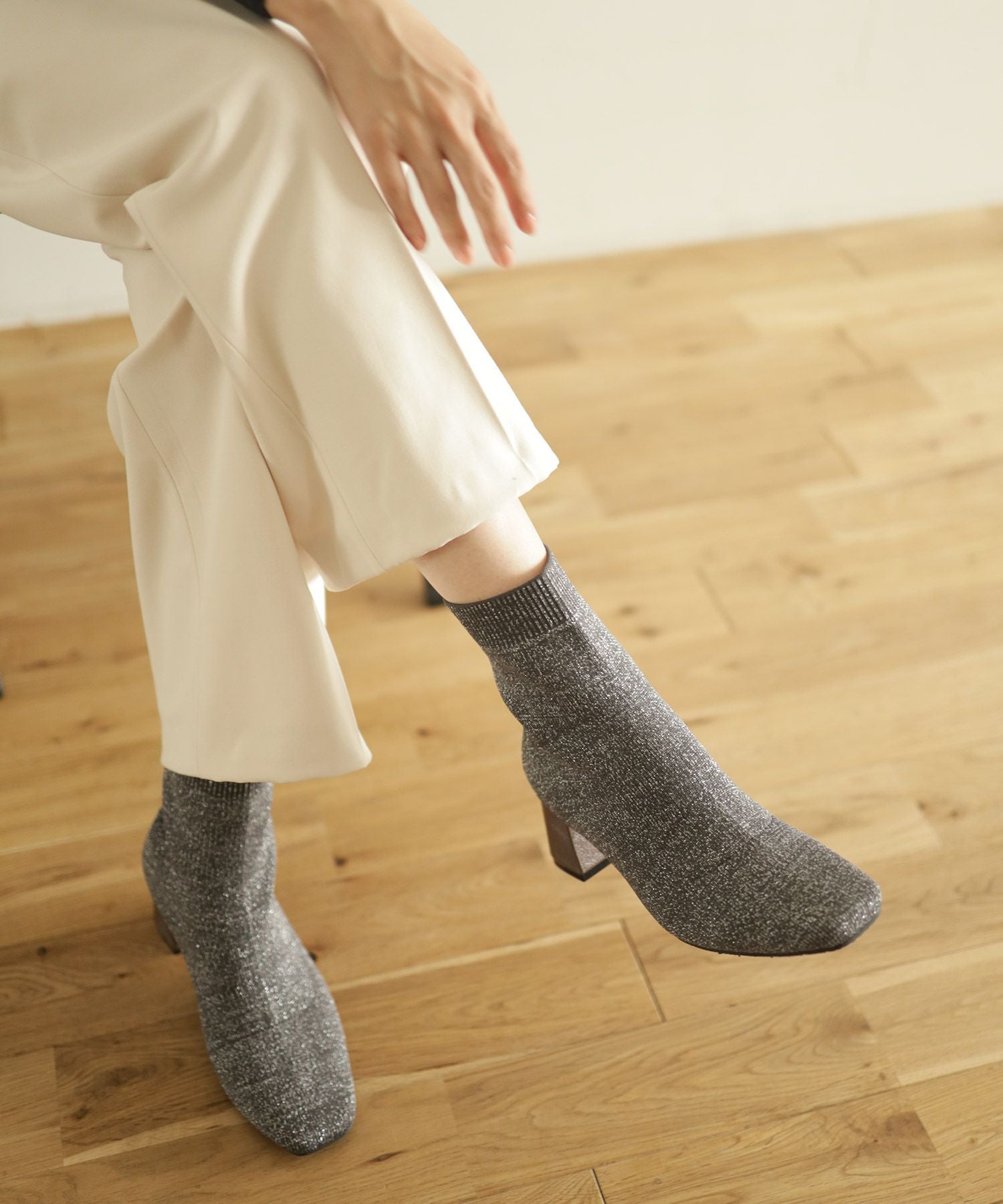 チャンキーヒールニットショートブーツ▲返品不可