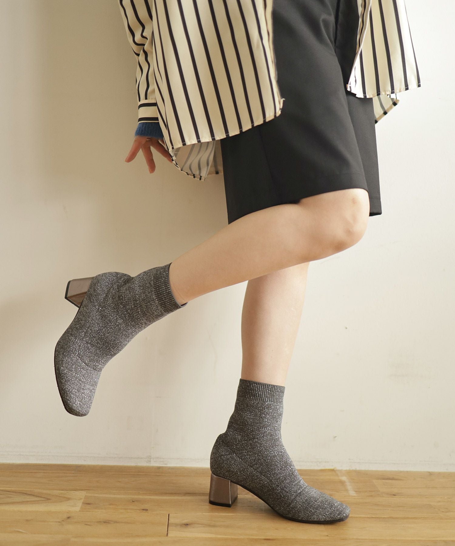 チャンキーヒールニットショートブーツ▲返品不可