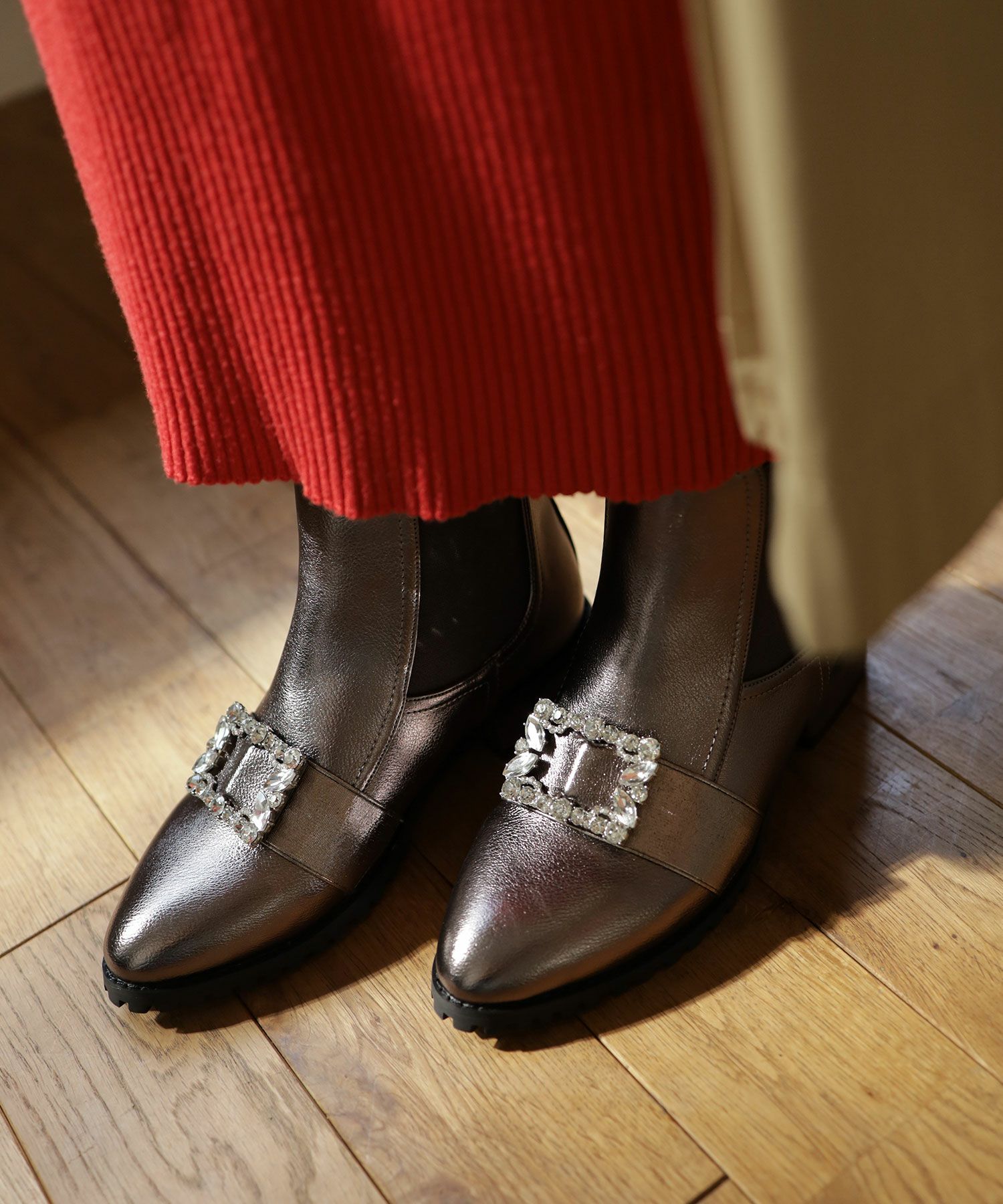 ビジュー付きサイドゴアショートブーツ▲返品交換不可