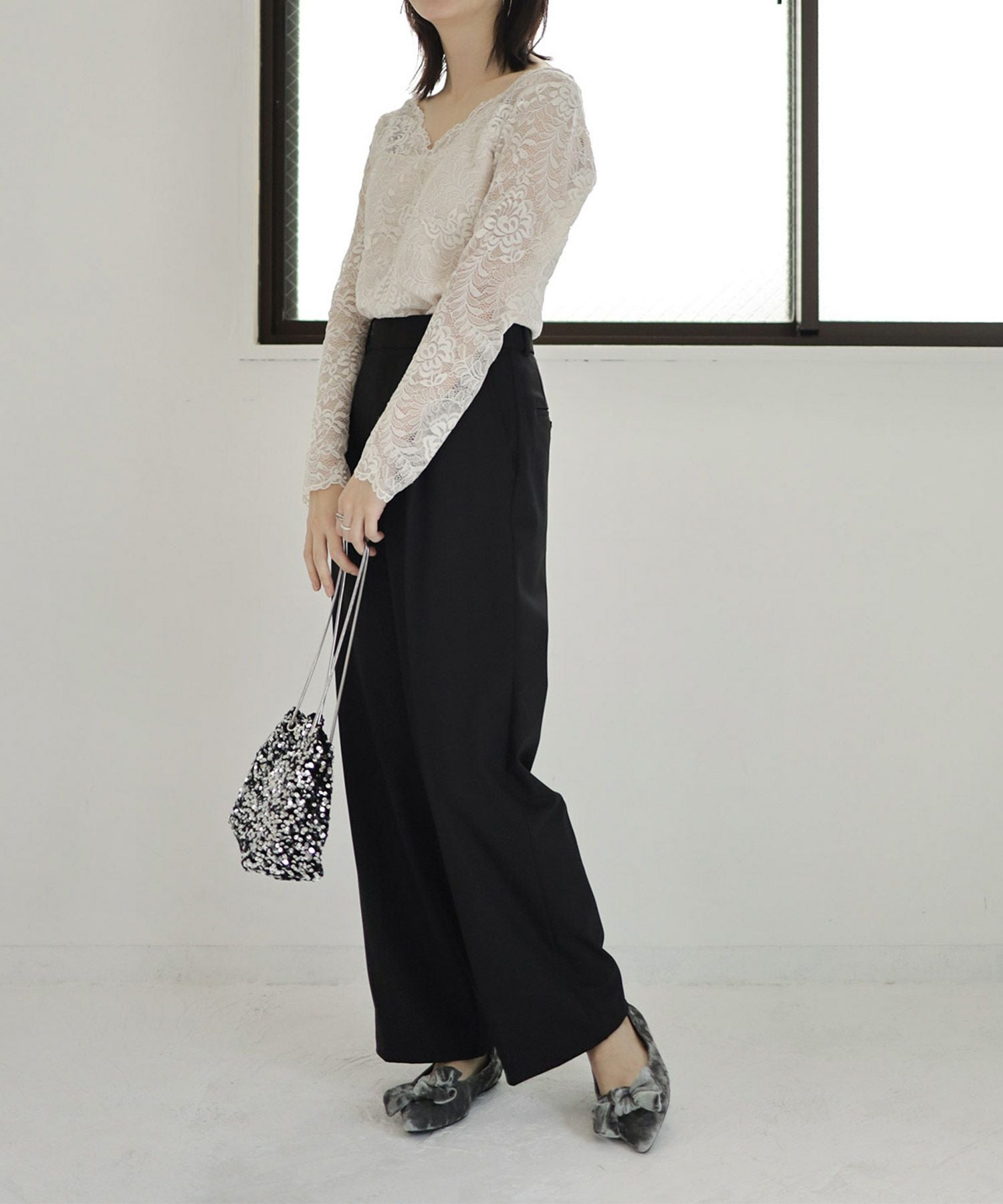 ポインテッドトゥリボンフラットパンプス ▲返品不可