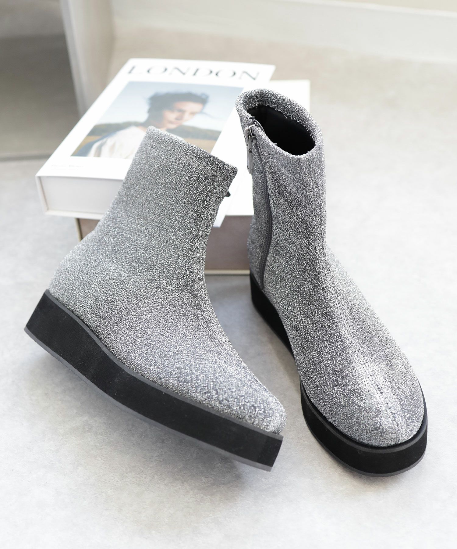 軽量厚底ソール ストレッチニットブーツ▲返品不可