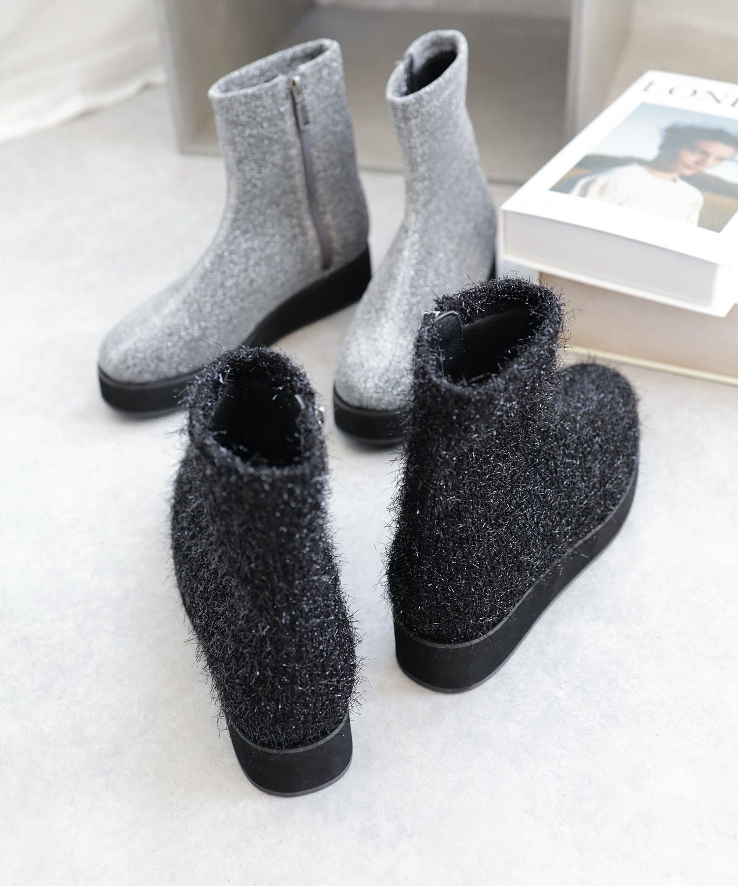 軽量厚底ソール ストレッチニットブーツ▲返品不可