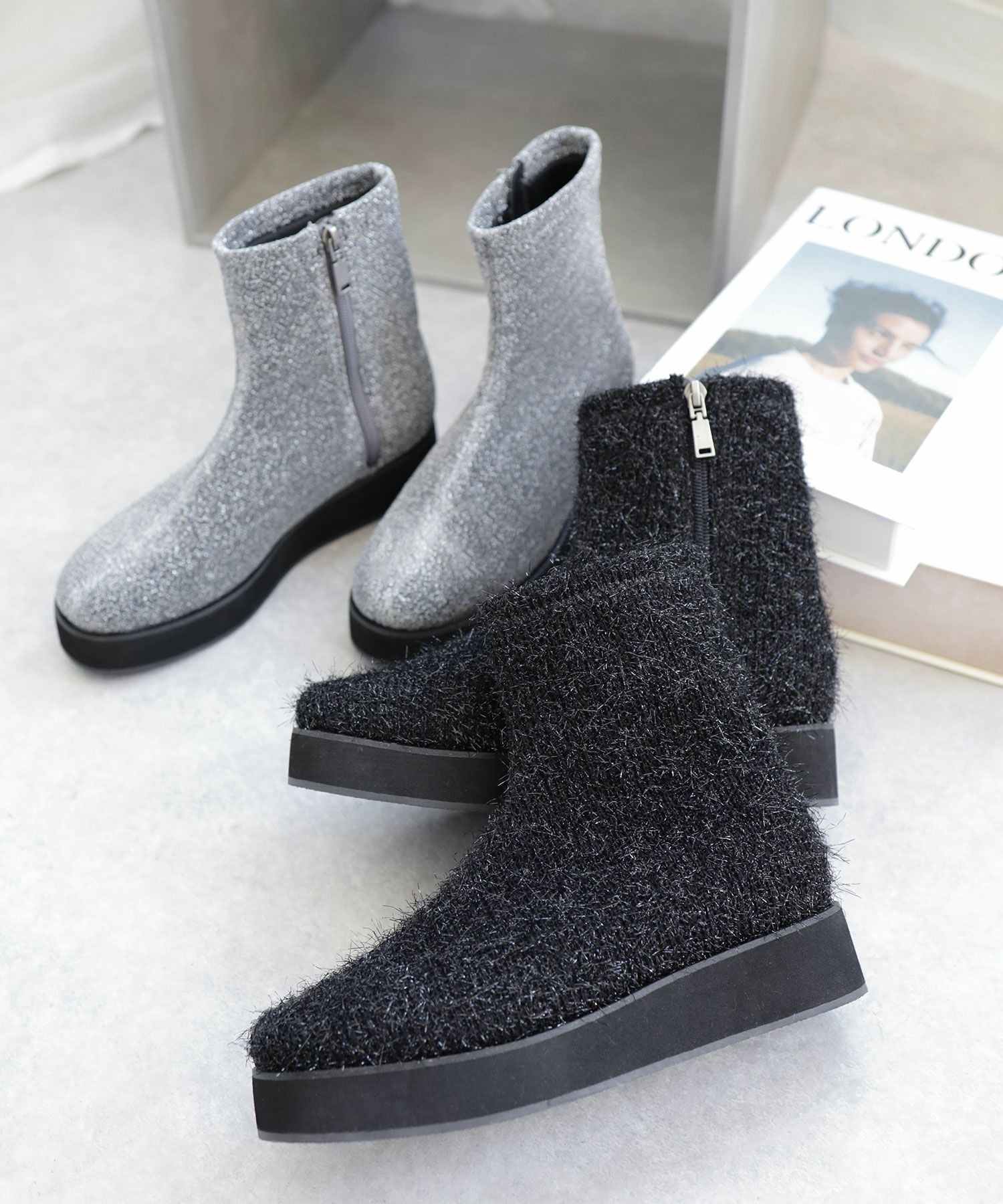 軽量厚底ソール ストレッチニットブーツ▲返品不可