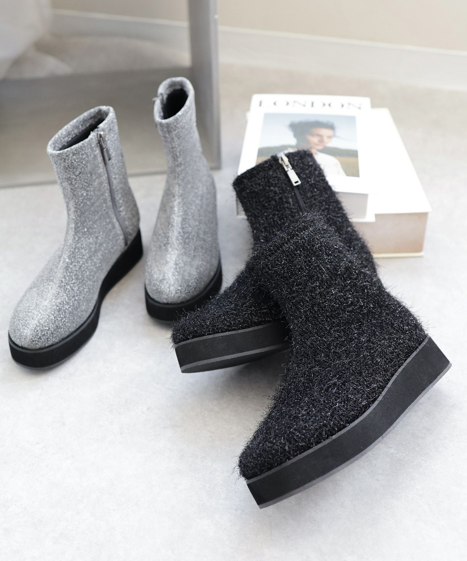 軽量厚底ソール ストレッチニットブーツ▲返品不可