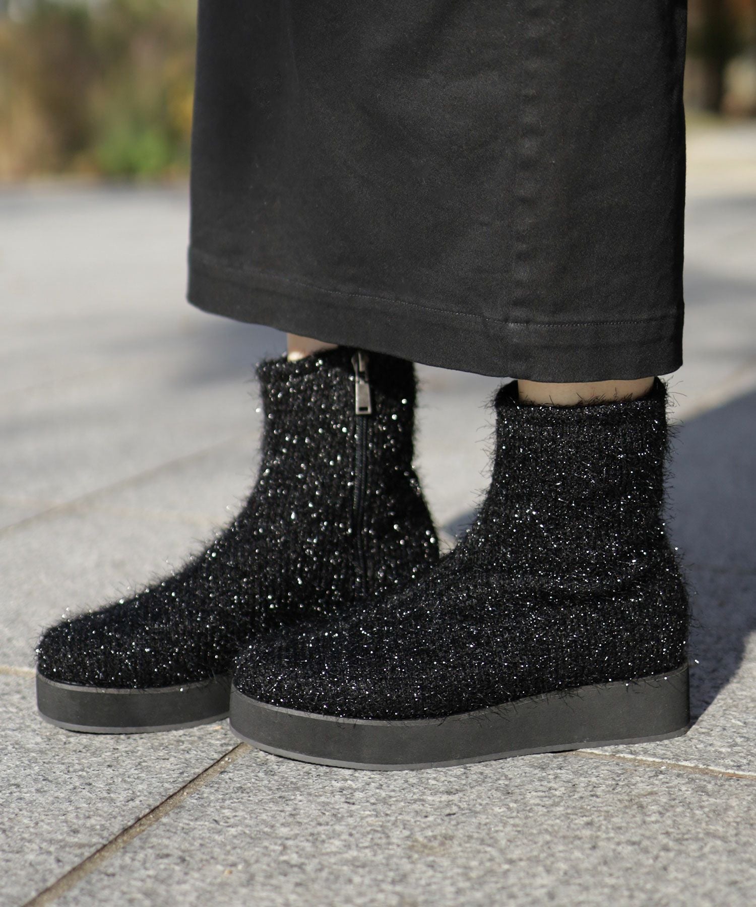 軽量厚底ソール ストレッチニットブーツ▲返品不可