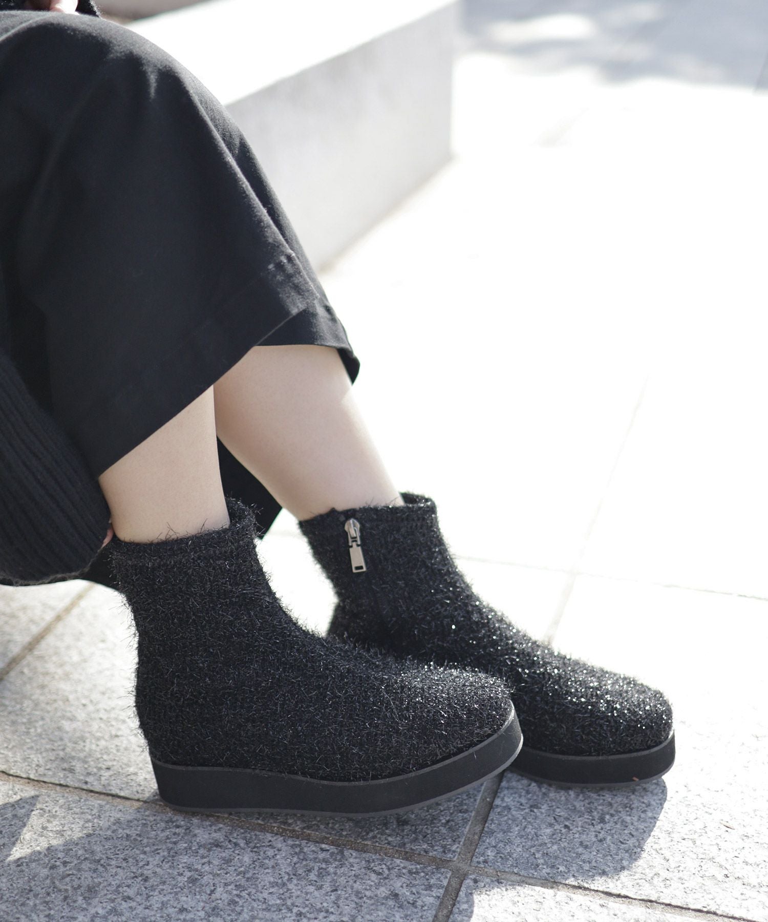 軽量厚底ソール ストレッチニットブーツ▲返品不可