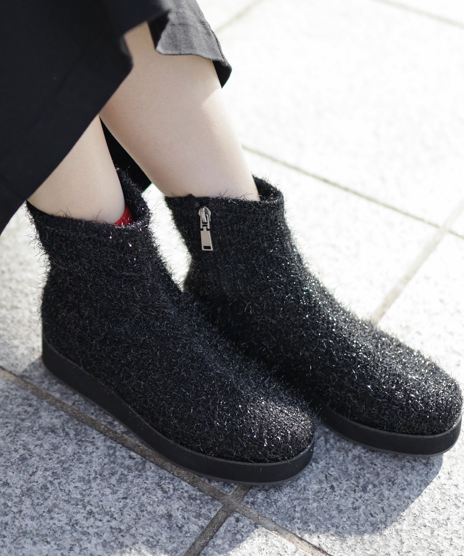 軽量厚底ソール ストレッチニットブーツ▲返品不可