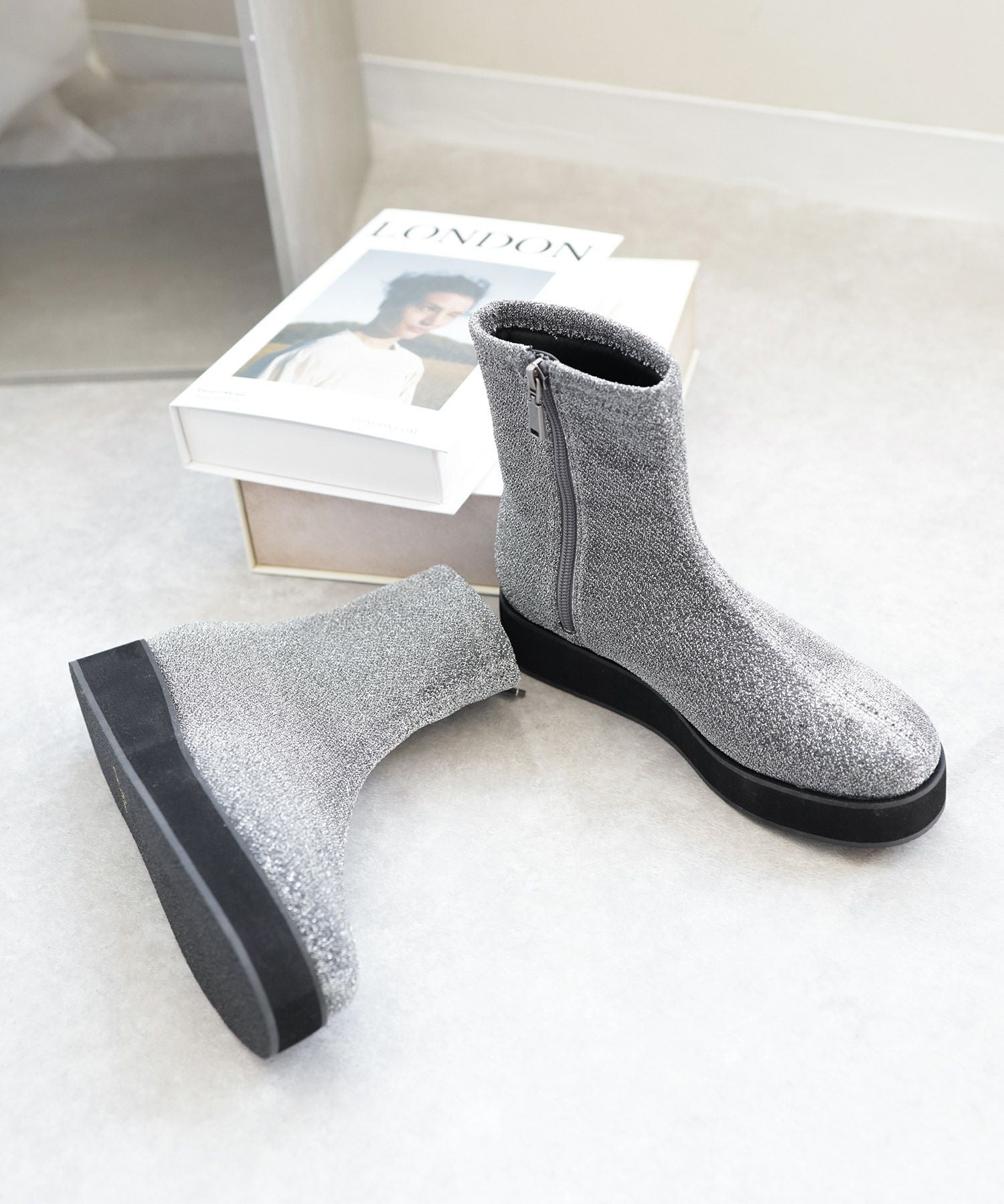 軽量厚底ソール ストレッチニットブーツ▲返品不可