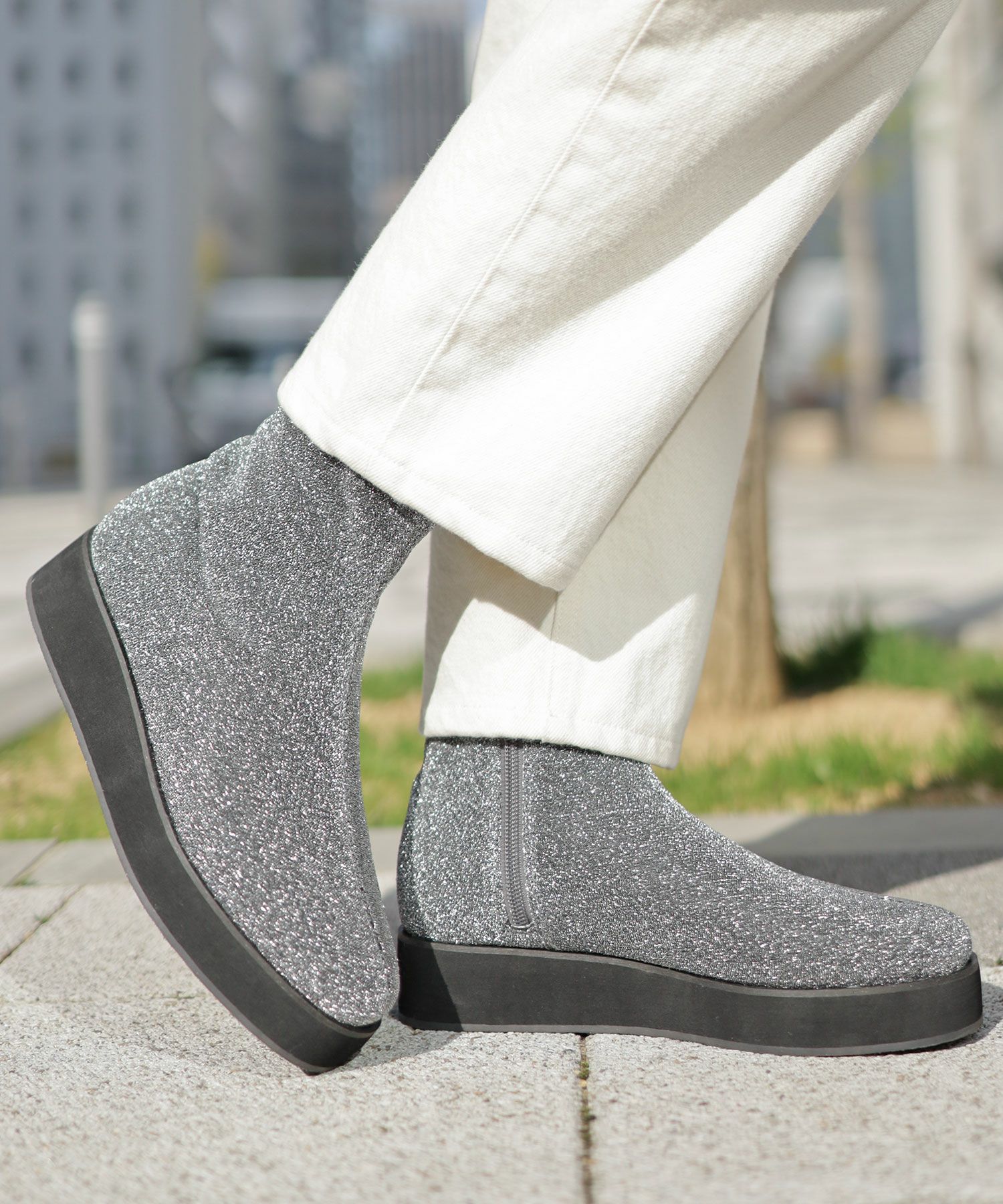 軽量厚底ソール ストレッチニットブーツ▲返品不可