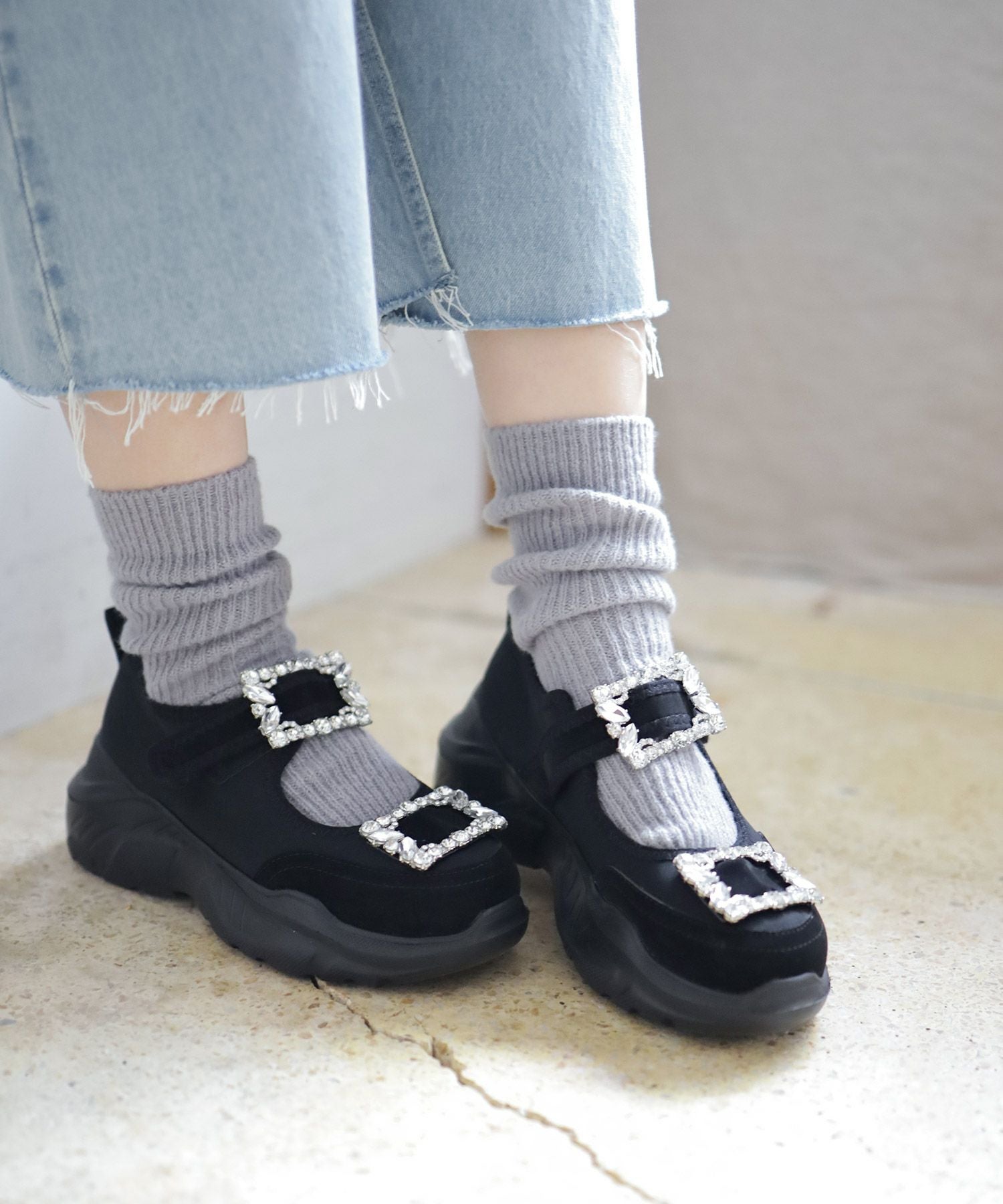 ダブルビジューメリージェーン厚底スニーカー▲返品不可