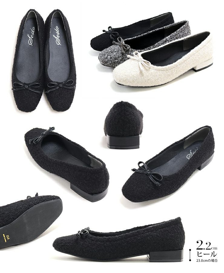 カーリーボアのローヒールリボンパンプス▲返品不可