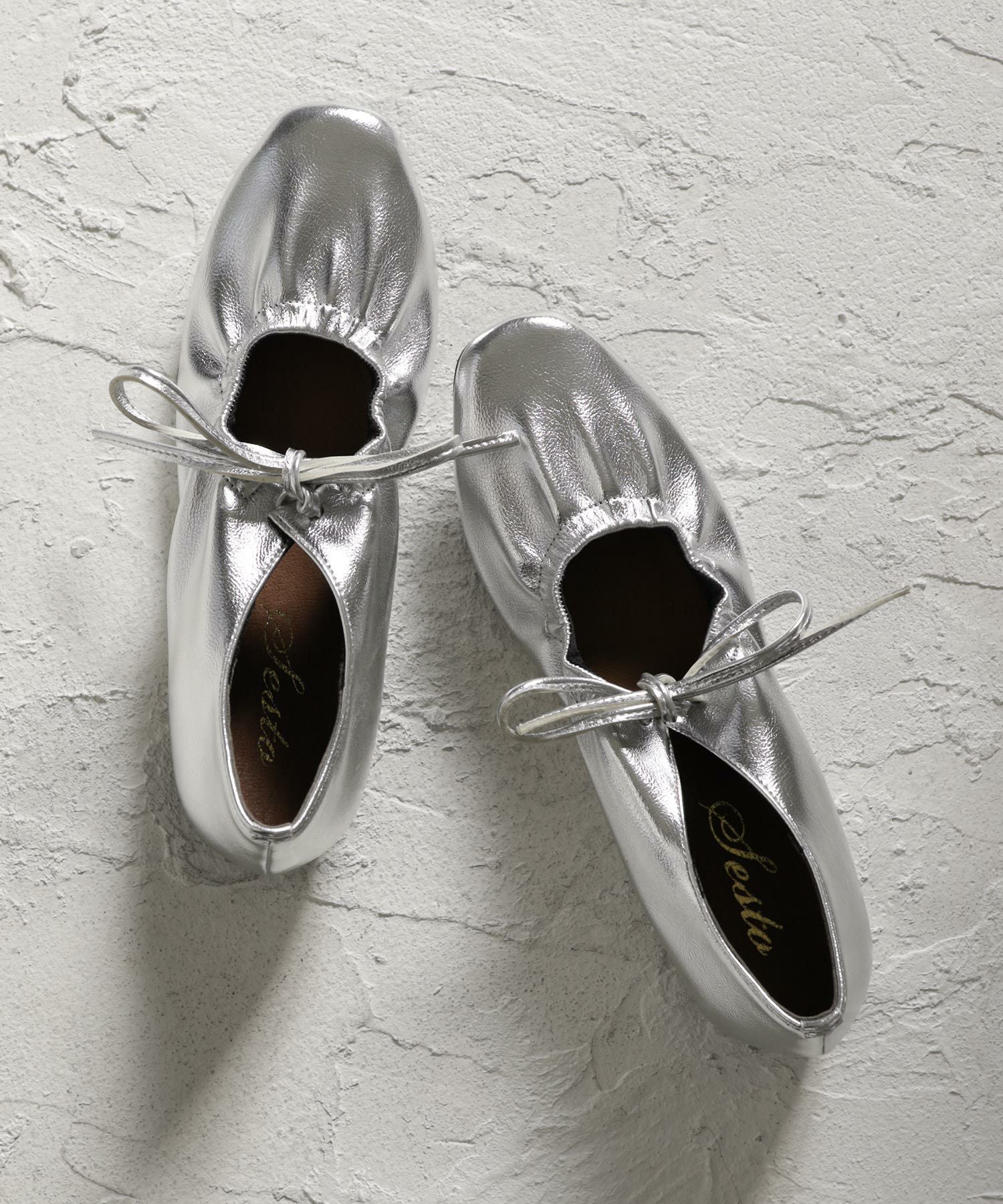 スムース素材レースアップリボンバレエシューズ▲返品不可