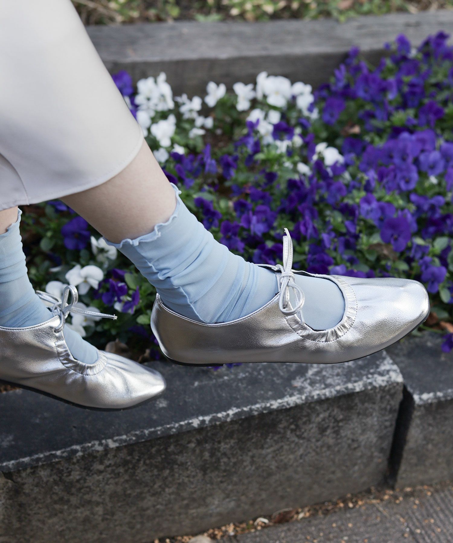 スムース素材レースアップリボンバレエシューズ▲返品不可