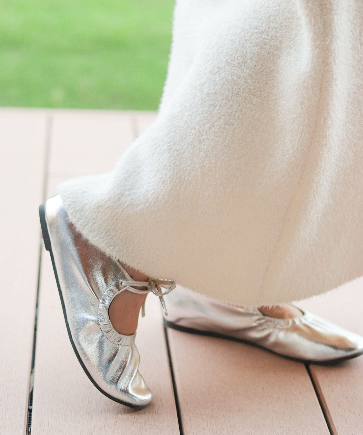 スムース素材レースアップリボンバレエシューズ▲返品不可