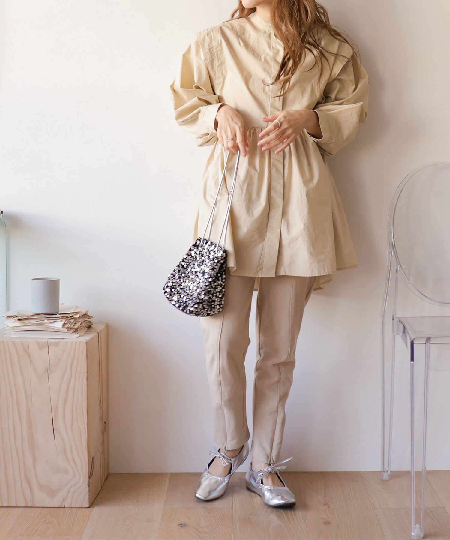 スムース素材レースアップリボンバレエシューズ▲返品不可