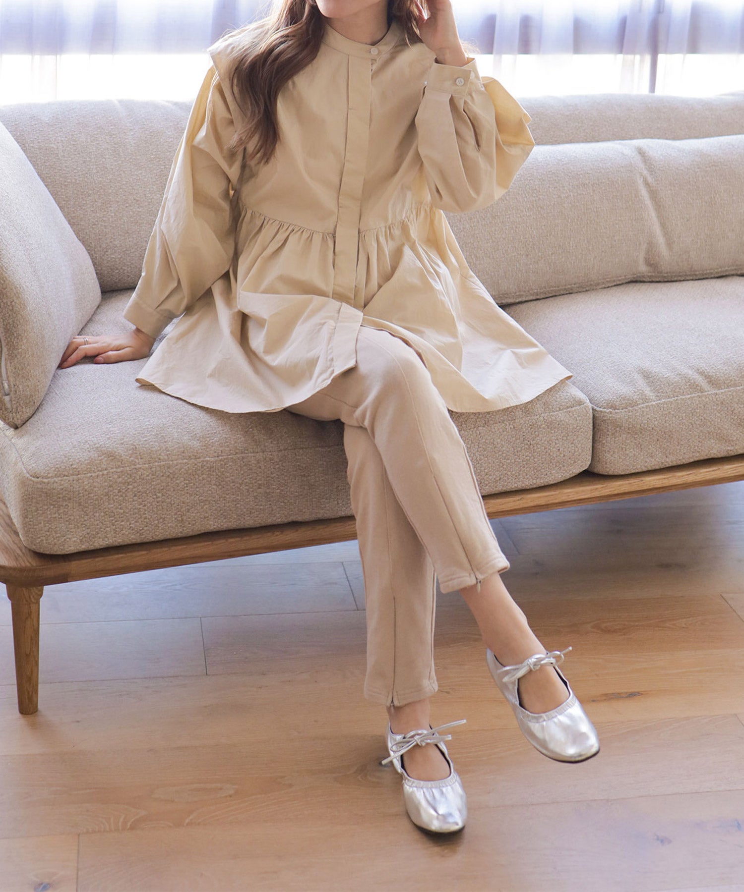 スムース素材レースアップリボンバレエシューズ▲返品不可