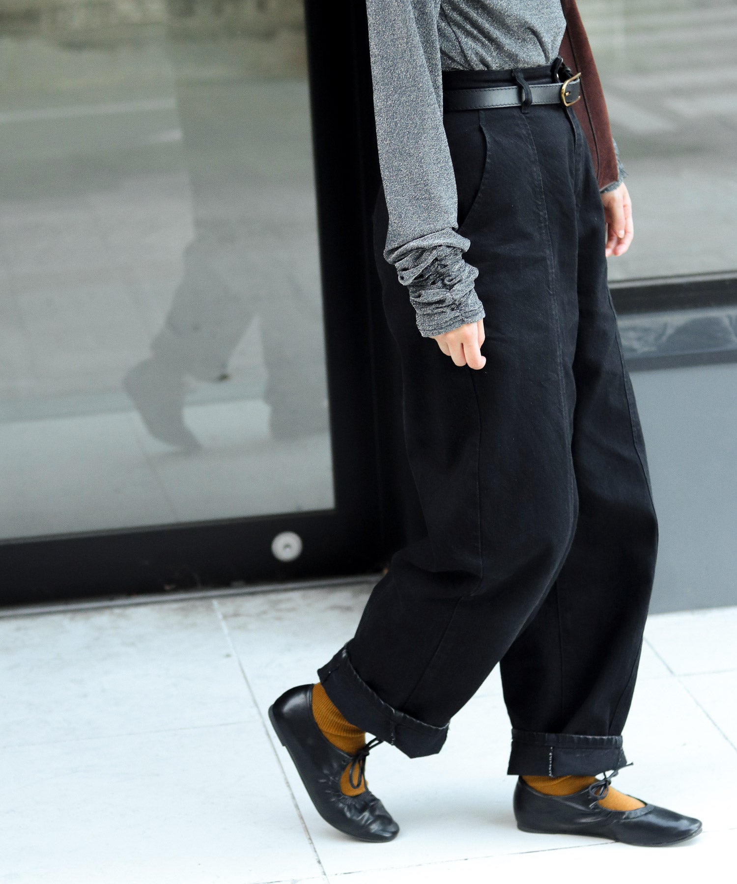 スムース素材レースアップリボンバレエシューズ▲返品不可