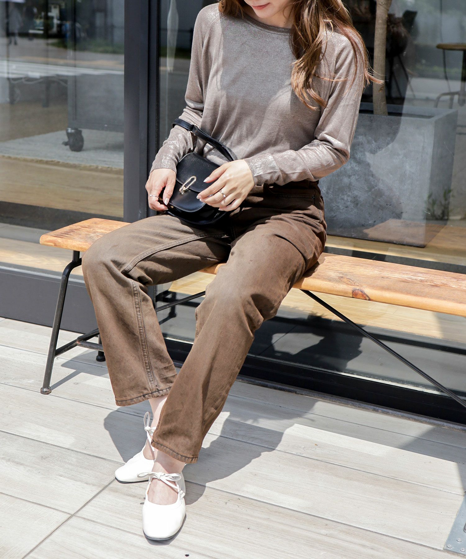 スムース素材レースアップリボンバレエシューズ▲返品不可